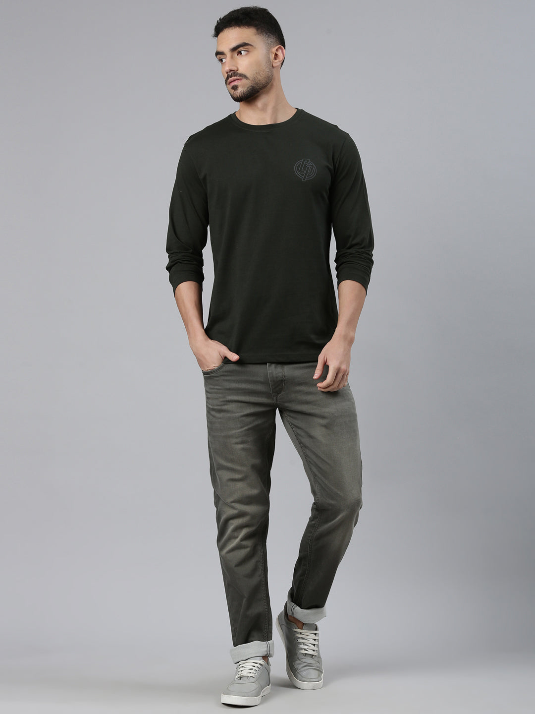 Classic Polo Men's Full Sleeve Charcoal Grey Crew Neck Slim Fit Solid Cotton T-Shirt | BALENO FS - 01 A SF C