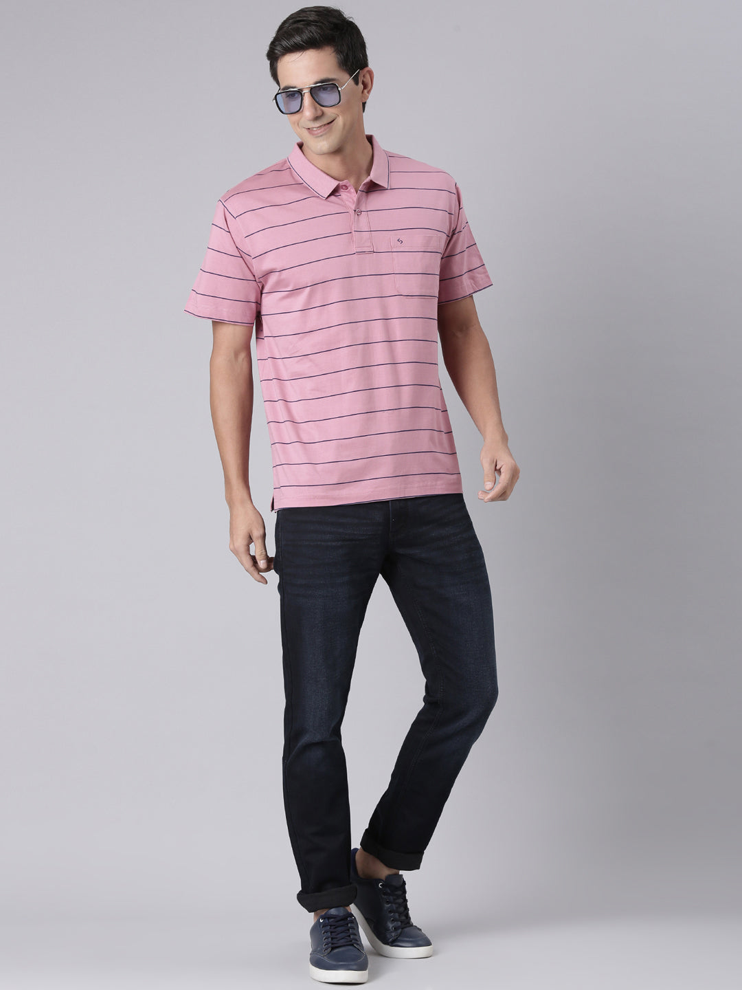 Classic Polo Men's Half Sleeve Dark Pink Polo Neck Authentic Fit Striped Cotton T-Shirt | AP - 142 A AF P