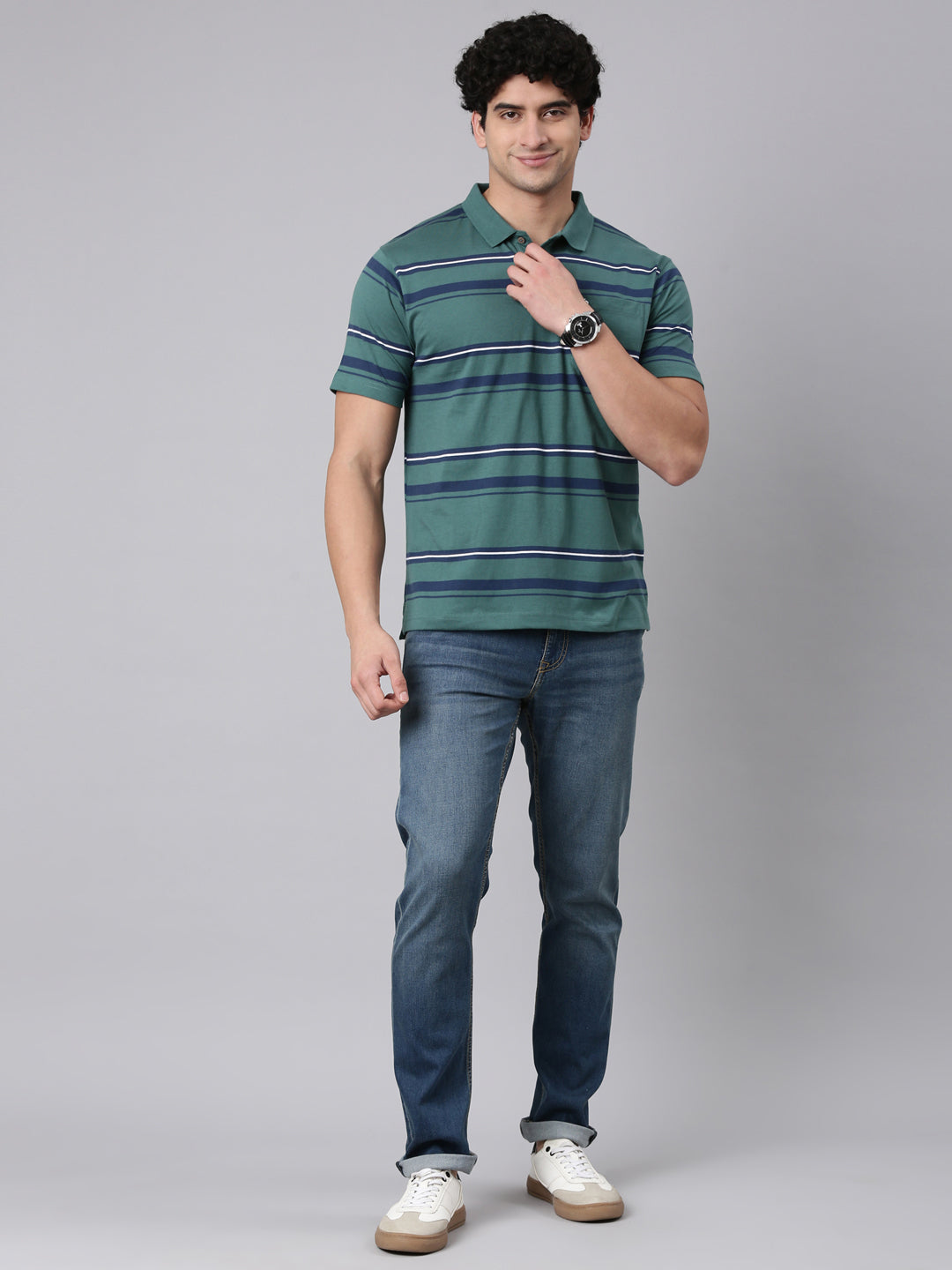 Classic Polo Men's Half Sleeve Green/Navy Blue Polo Neck Authentic Fit Striped Cotton Blend T-Shirt | AVON - 648 A AF P