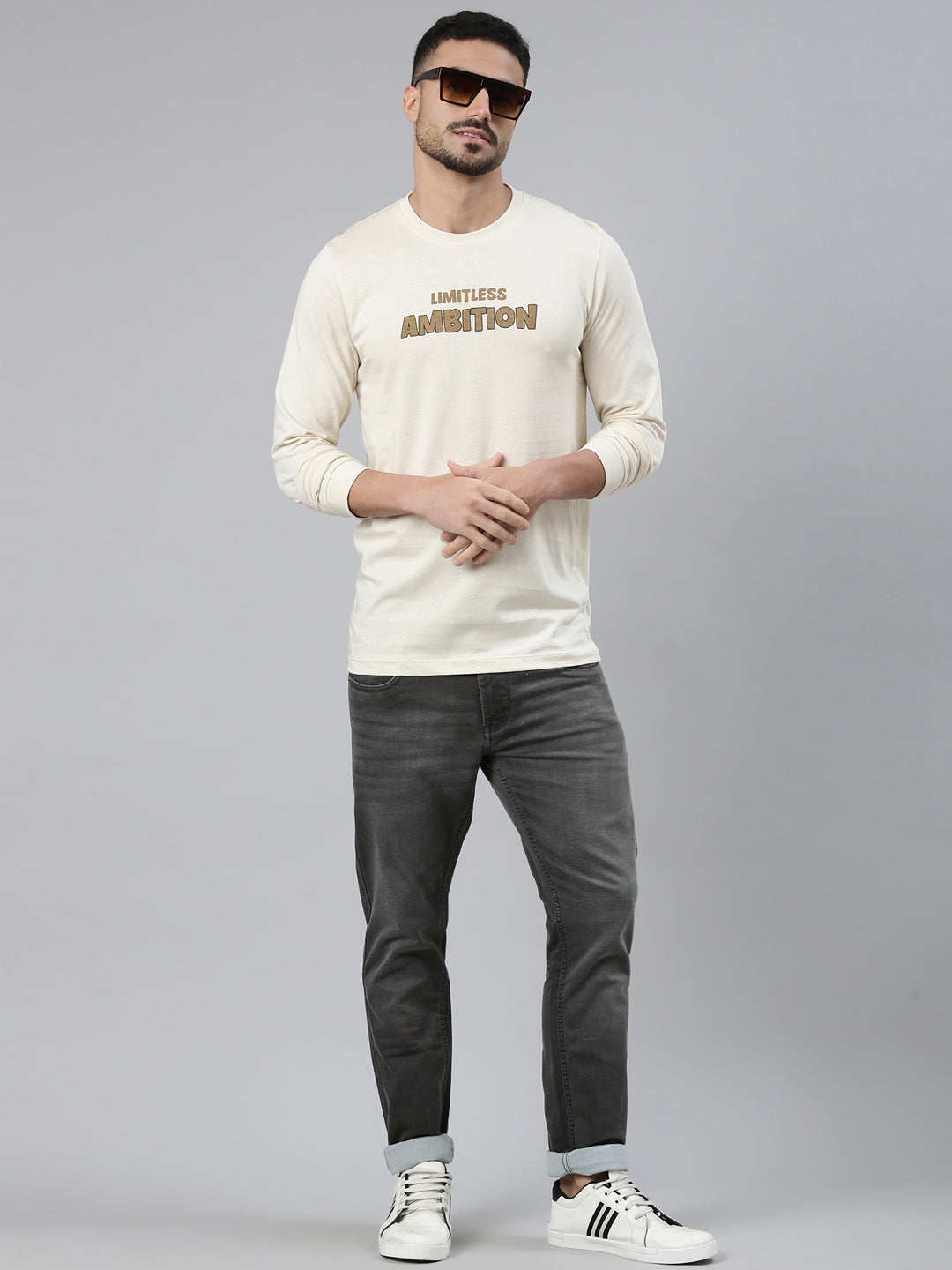 Classic Polo Men's Full Sleeve Cream Crew Neck Slim Fit Printed Cotton T-Shirt | LTS-FSH - 109 A SF C - FS