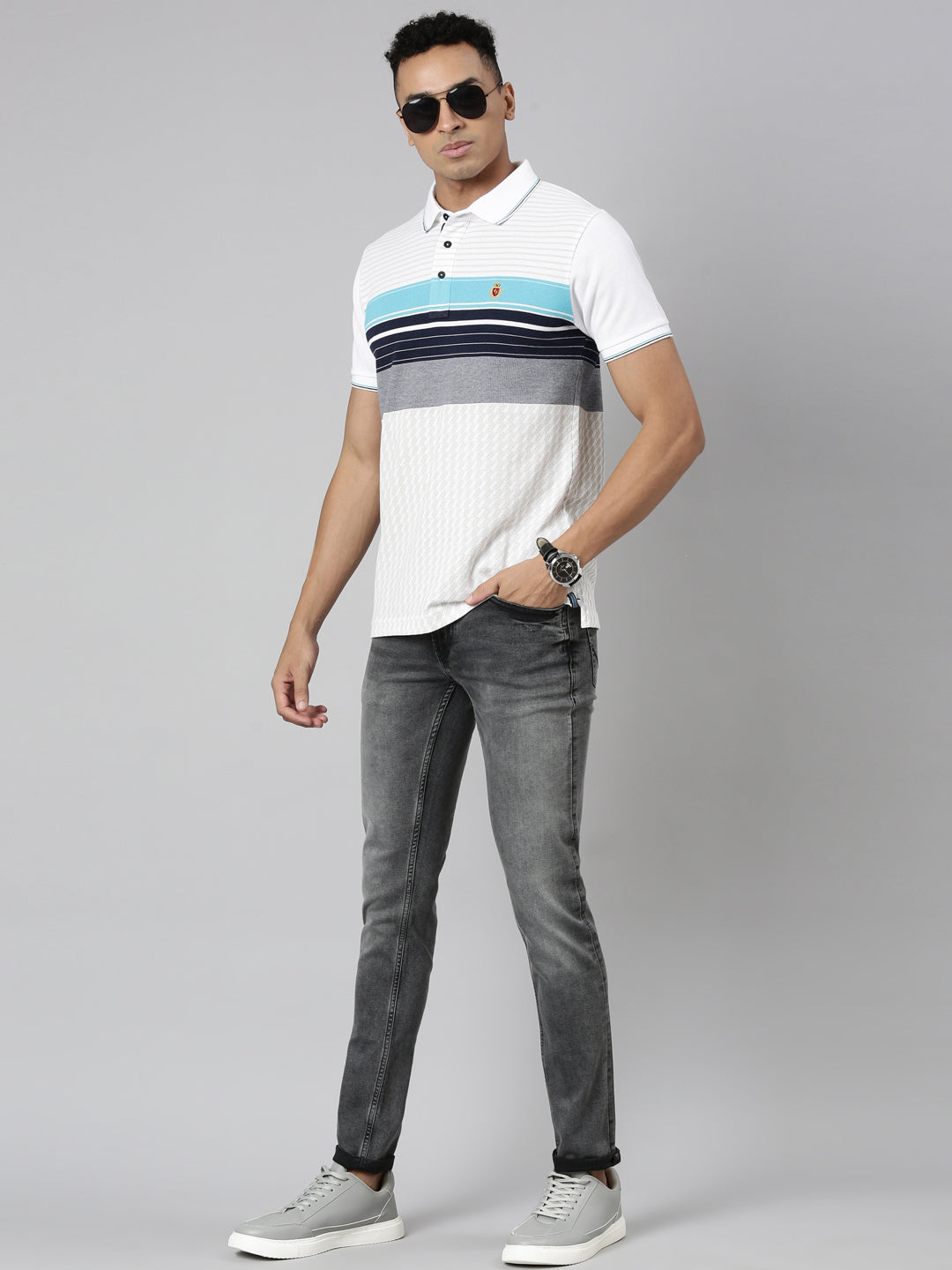Classic Polo Men's Polo Neck Cotton White/Navy Slim Fit Striped T-Shirt | VTA-276 B SF P