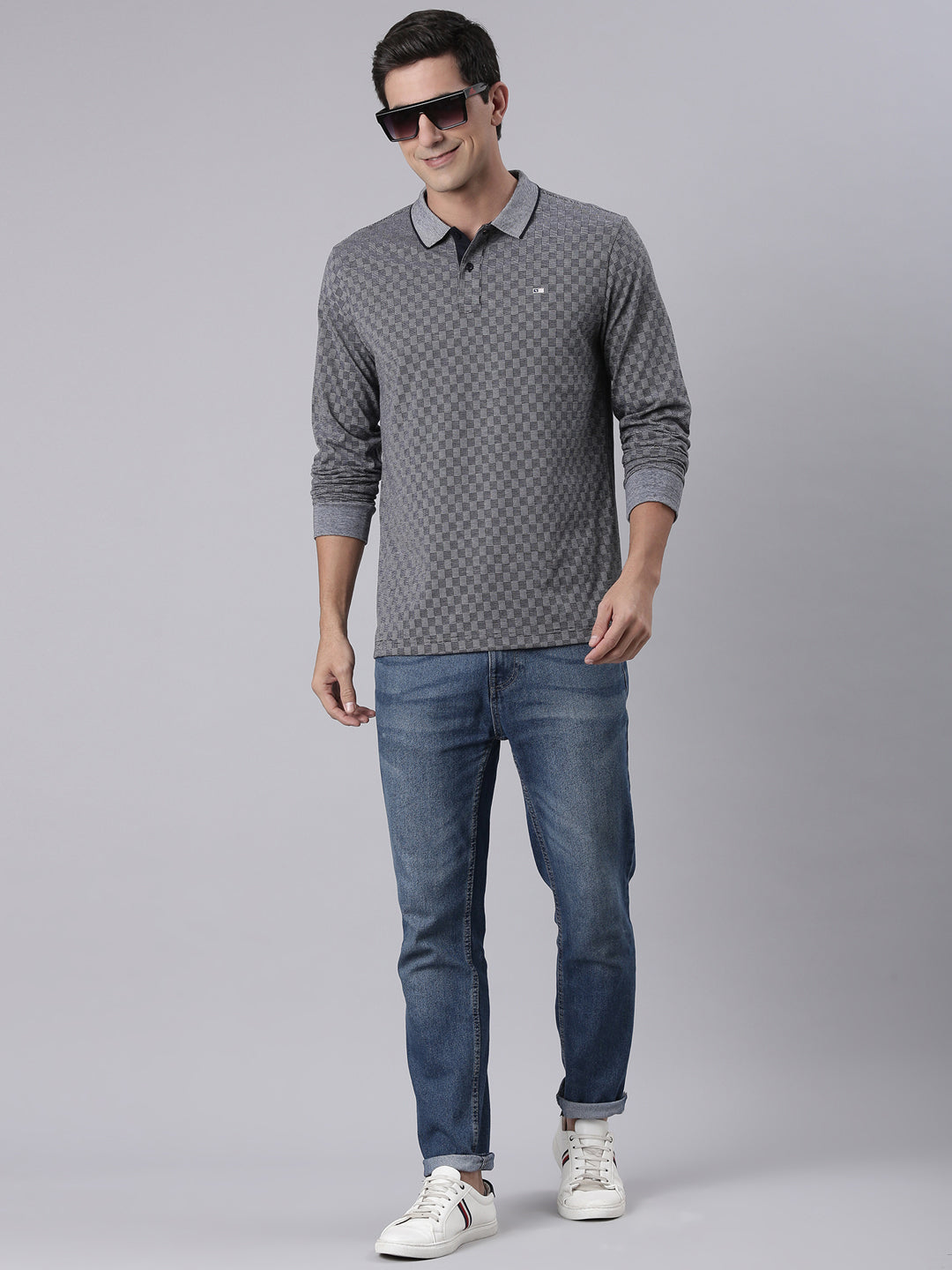 Classic Polo Men's Full Sleeve Navy Blue/White Polo Neck Slim Fit All-Over Print Cotton T-Shirt | LTS-FSH - 127 B SF P