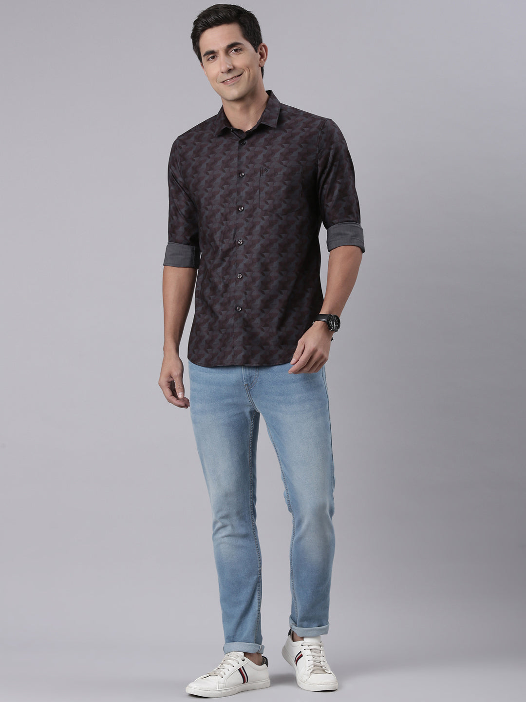 Classic Polo Men's Full Sleeve Multicolor Polo Neck Slim Fit All-Over Print Cotton Casual Shirt | LSHQ2-97 C-FS-PRT-SF