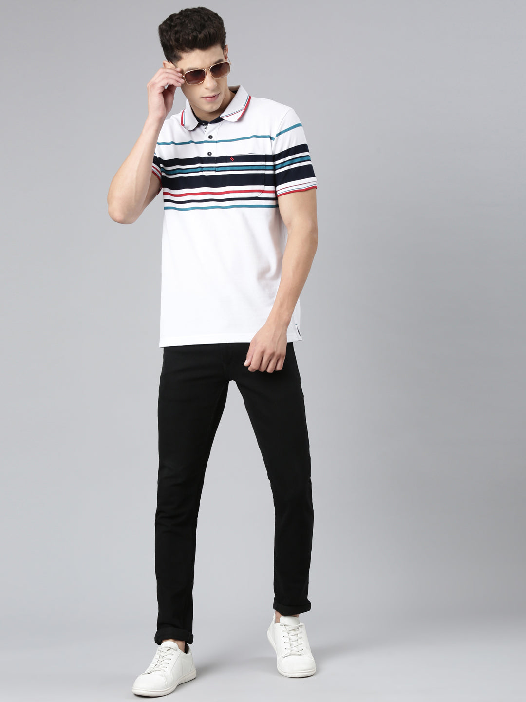 Classic Polo Mens Striped White Polo Neck Slim Fit T-Shirt | VTA - 261 A SF P