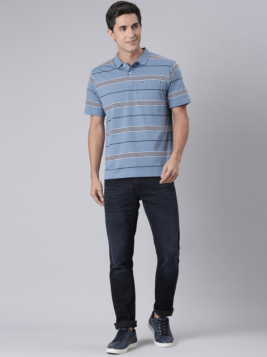 Classic Polo Men's Half Sleeve Blue/White Polo Neck Authentic Fit Striped Cotton Blend T-Shirt | AVON - 629 B AF P