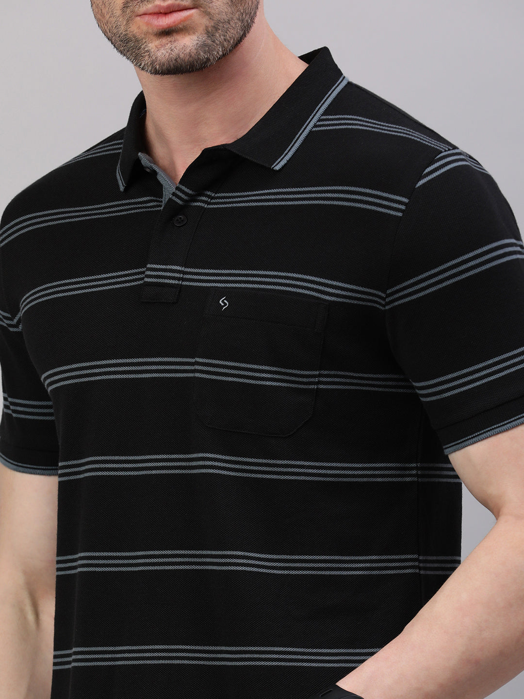 Classic Polo Men's Half Sleeve Black/Grey Polo Neck Slim Fit Striped T-Shirt||ADORE - 239 A SF P