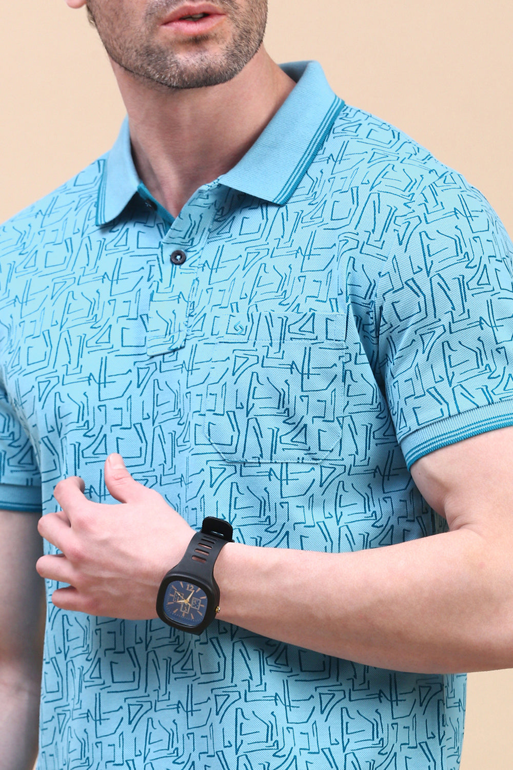 Classic Polo Men's Half Sleeve Blue Polo Neck Slim Fit All Over Print T-Shirt | BEAU - 277 A SF P