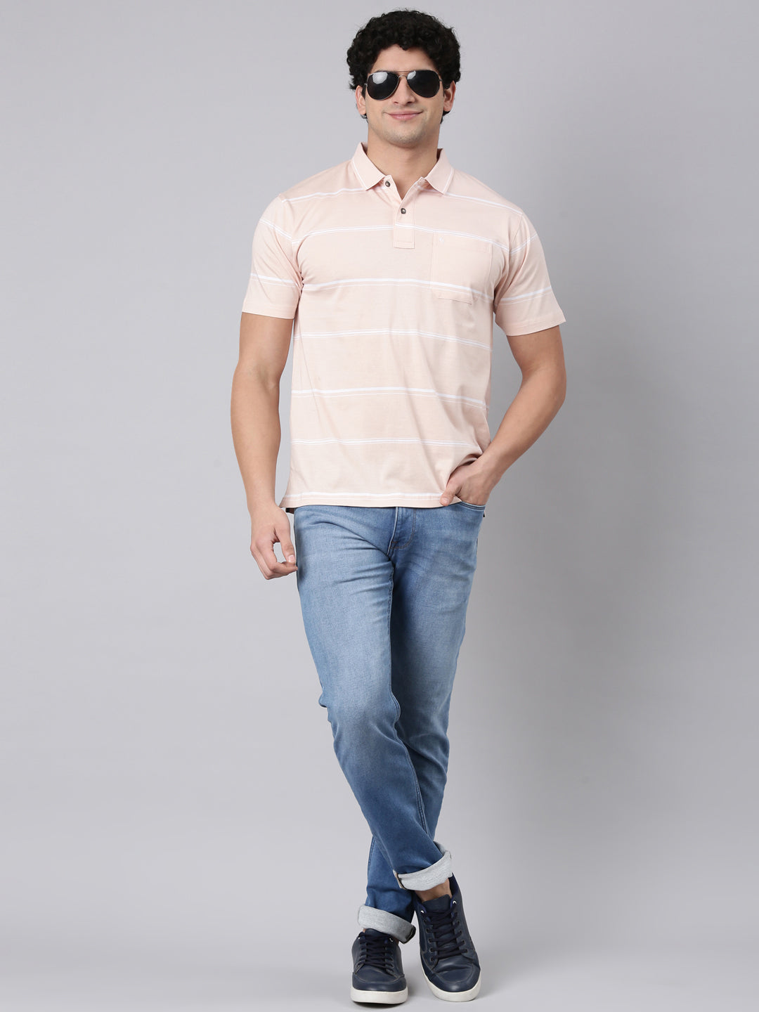Classic Polo Men's Half Sleeve Light Peach Polo Neck Authentic Fit Striped Cotton T-Shirt | AP - 156 B AF P