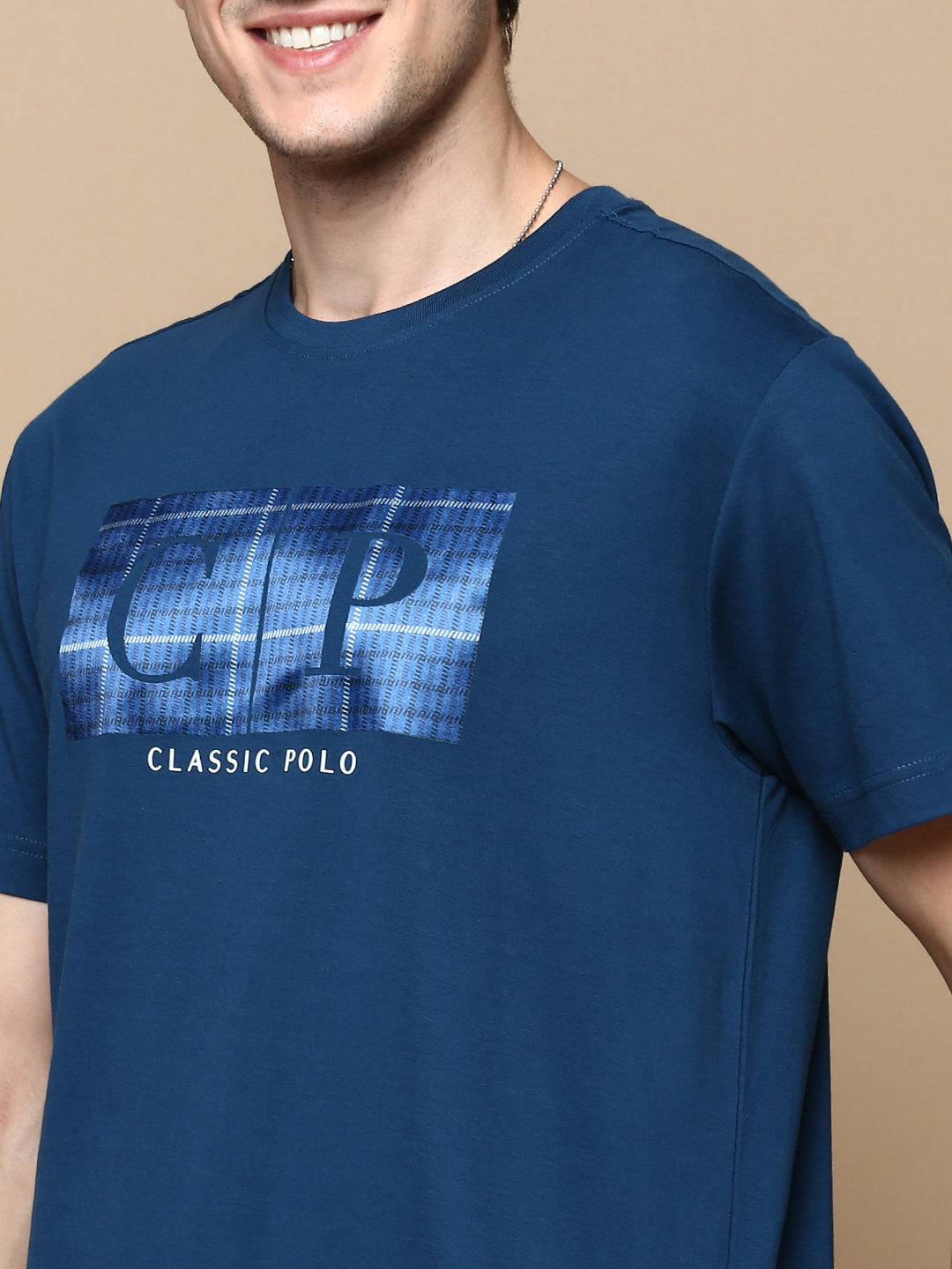 Classic Polo Men's Half Sleeve Dark Blue Crew Neck Slim Fit Printed T-Shirt | ELITE-CREW-21 B SF C