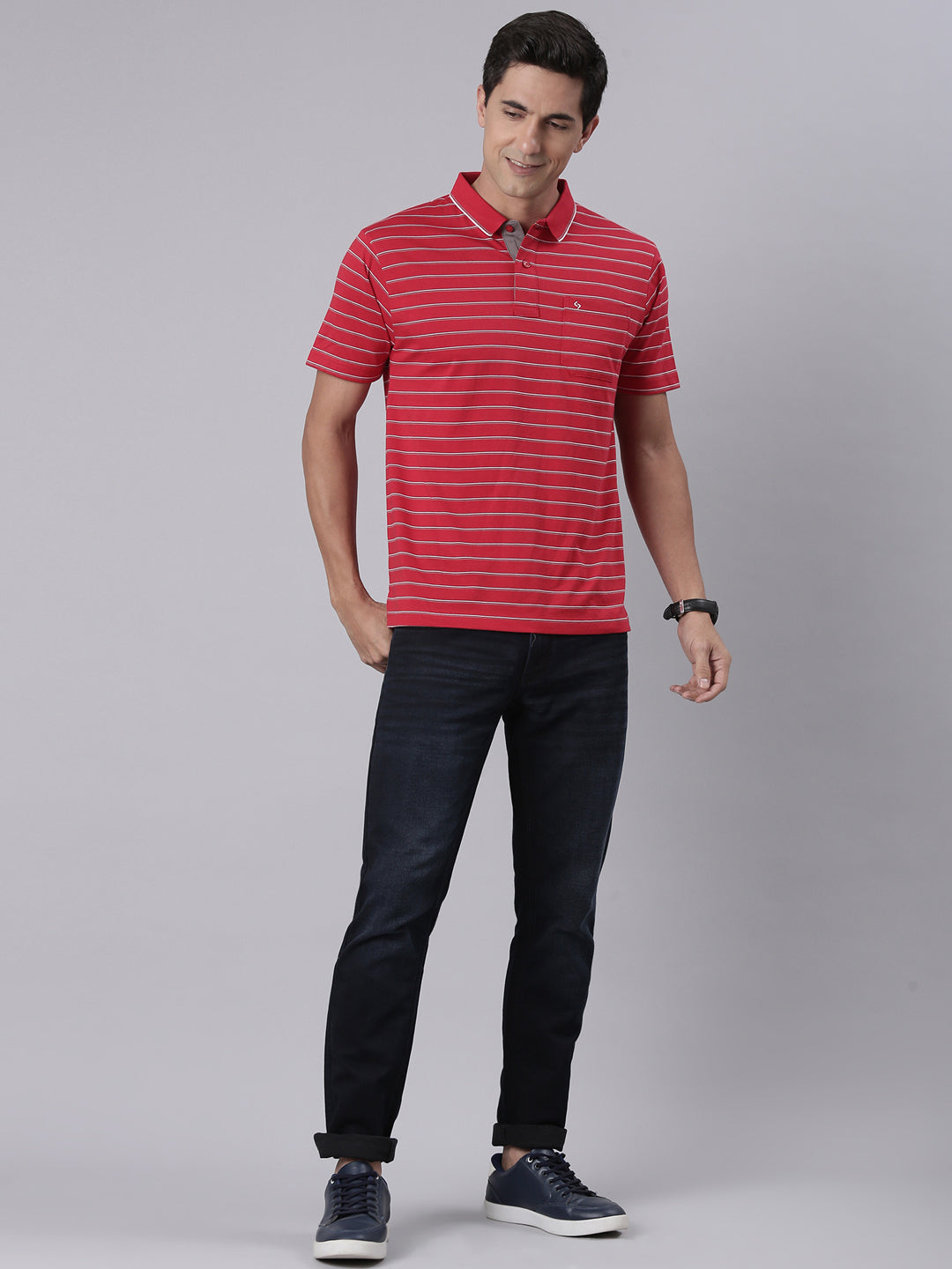 Classic Polo Men's Half Sleeve Red/White Polo Neck Authentic Fit Striped Cotton T-Shirt | FEEDERS - 294 A AF P