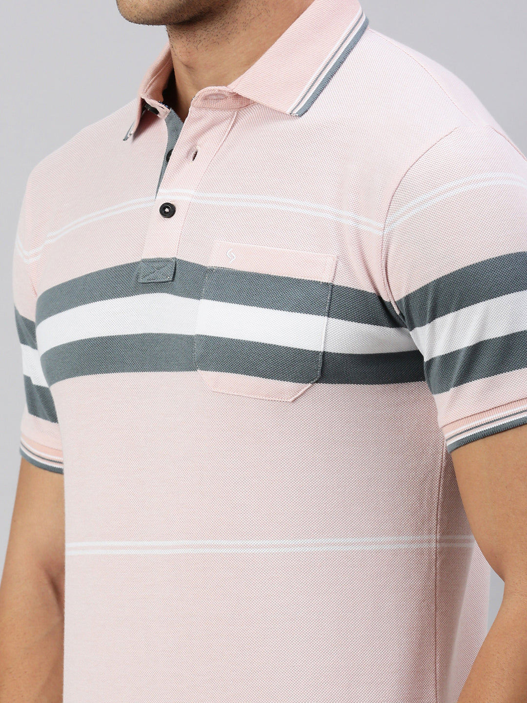 Classic Polo Men's Half Sleeve Light Pink/Grey Polo Neck Slim Fit Striped T-Shirt | VTA - 285 B SF P
