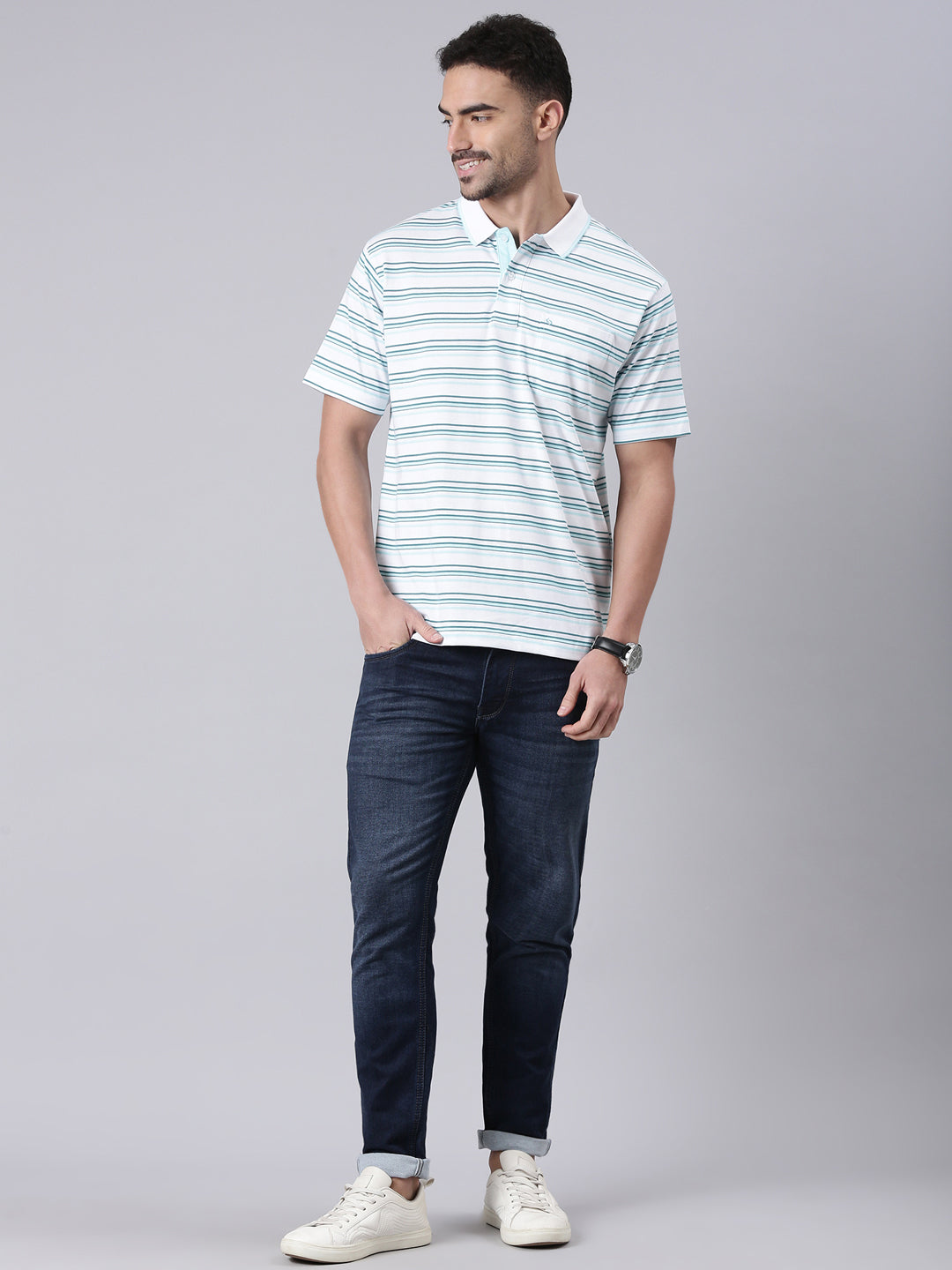 Classic Polo Men's Half Sleeve White/Green Polo Neck Authentic Fit Striped Cotton T-Shirt | FEEDERS - 297 A AF P