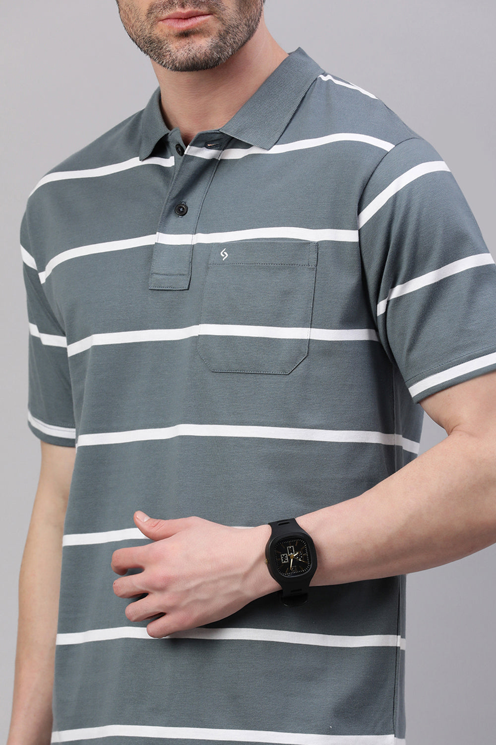 Classic Polo Men's Half Sleeve Dark Grey/White Polo Neck Authentic Fit Striped T-Shirt | AVON - 609 B AF P