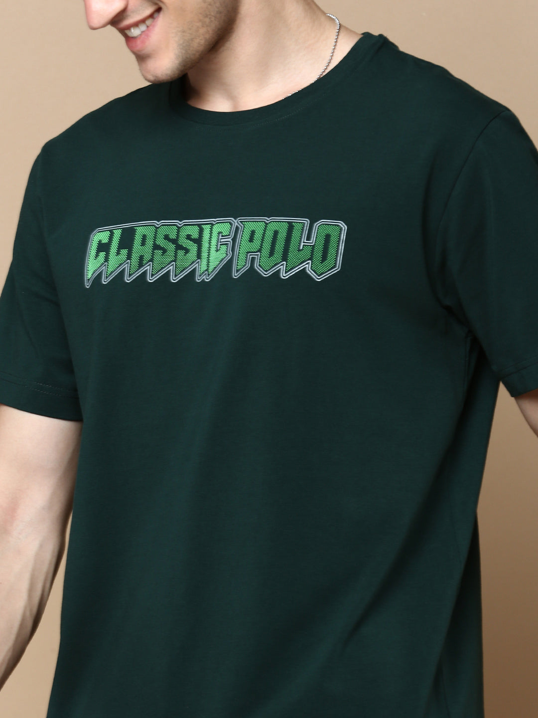 Classic Polo Men's Half Sleeve Dark Green Crew Neck Slim Fit Printed T-Shirt | BALENO - 607 B SF C