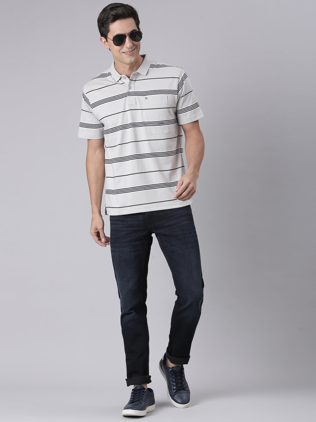 Classic Polo Men's Half Sleeve Grey/Black Polo Neck Authentic Fit Striped Cotton Blend T-Shirt | AVON - 629 A AF P