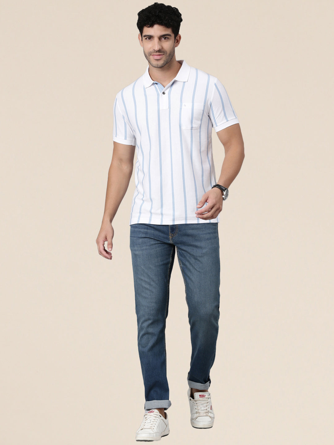 Classic Polo Men's Half Sleeve White/Light Blue Polo Neck Slim Fit Striped Cotton Blend T-Shirt | VERTICS - 121 A SF P
