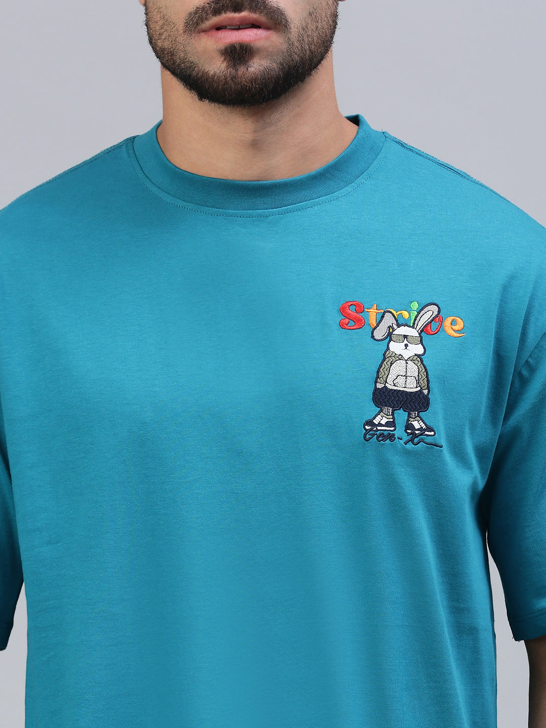 Classic Polo Men's Half Sleeve Teal Blue Crew Neck Slim Fit Embroidery Drop Shoulder T-Shirt||GENX-CREW 72 A SF C