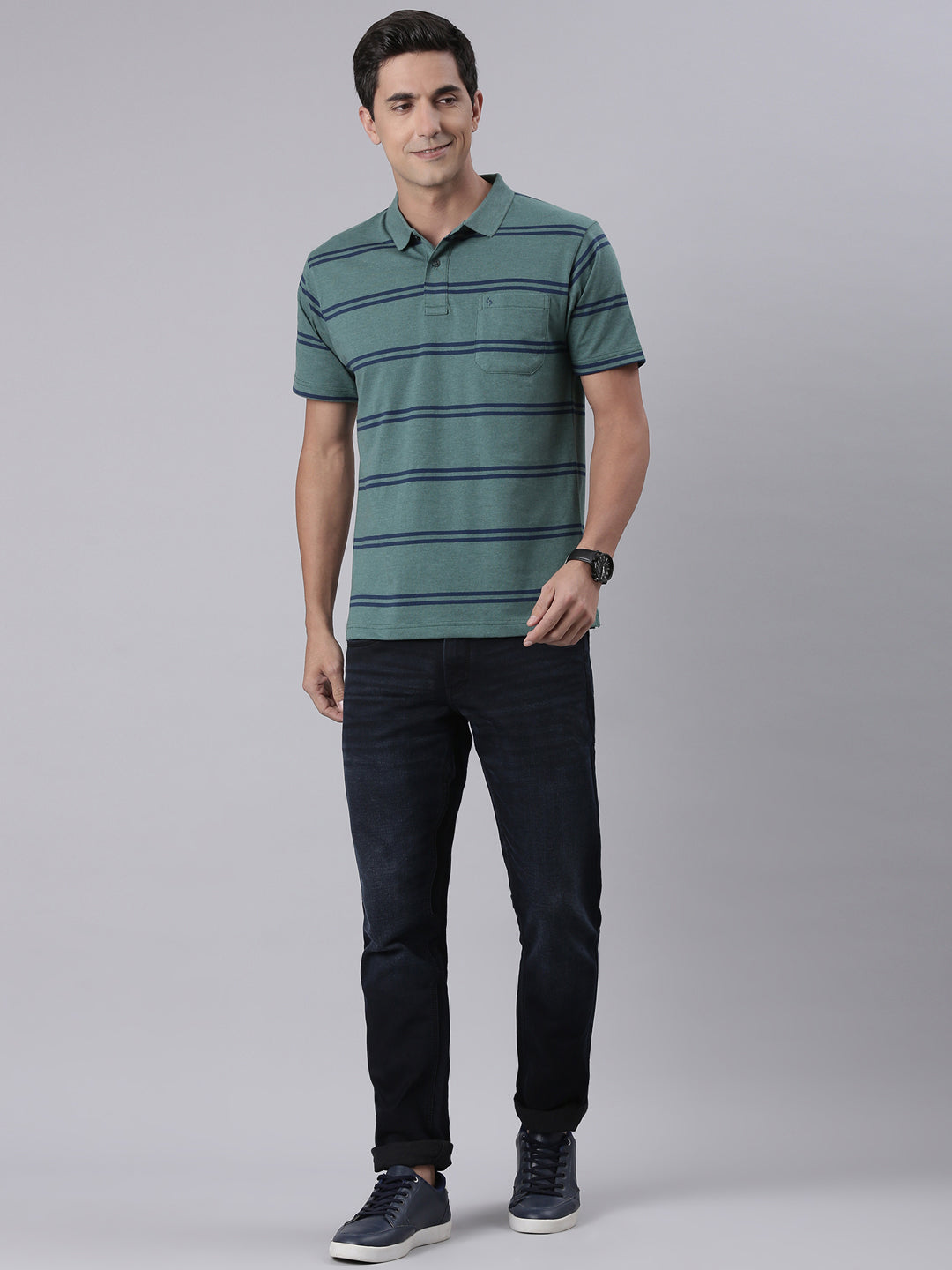 Classic Polo Men's Half Sleeve Dark Green/Navy Polo Neck Authentic Fit Striped Cotton T-Shirt | LTS-STR - 81 A AF P