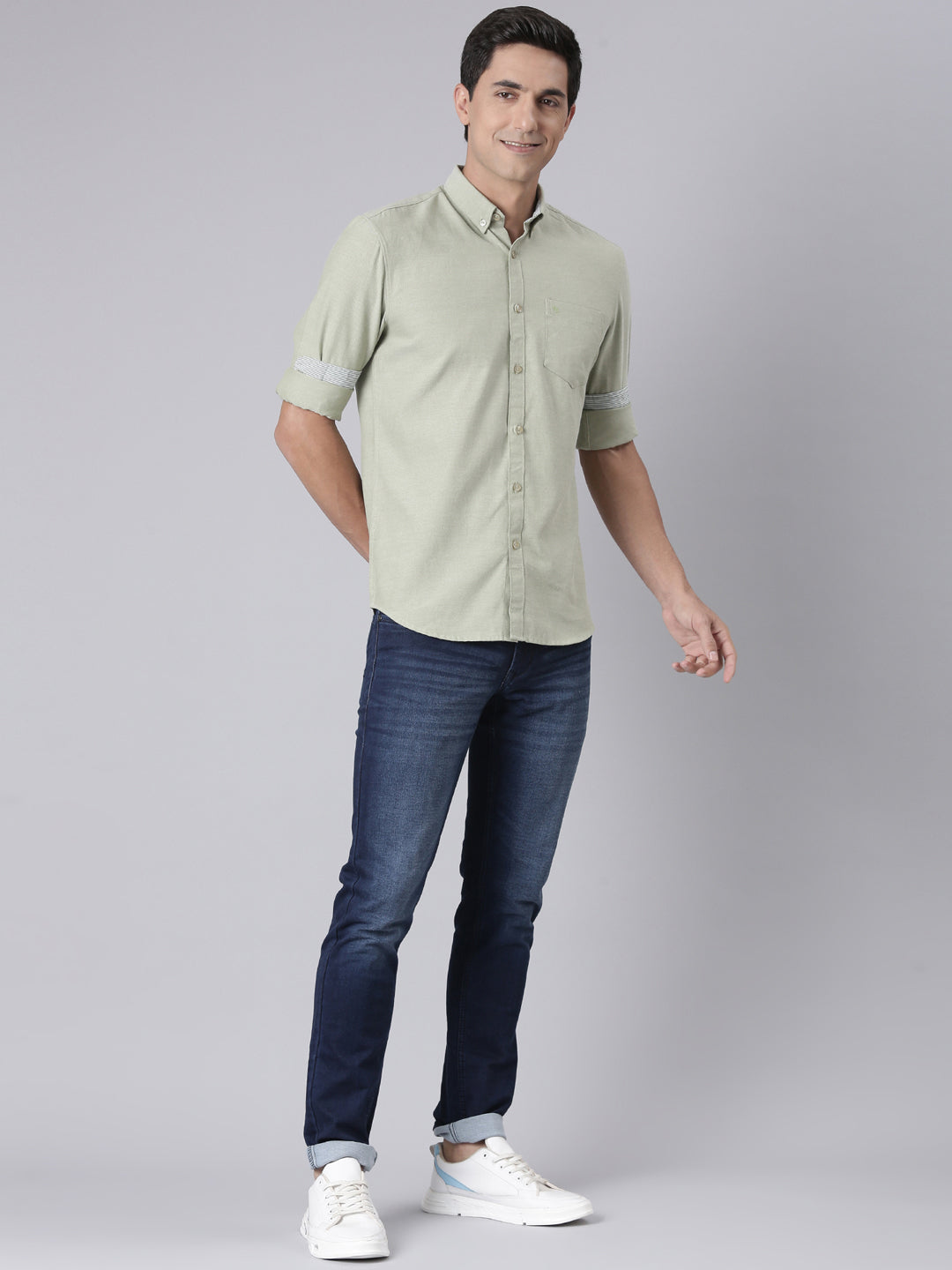 Classic Polo Men's Full Sleeve Green Polo Neck Slim Fit Solid Cotton Casual Shirt | TOY-ENZO-GREEN MF FS