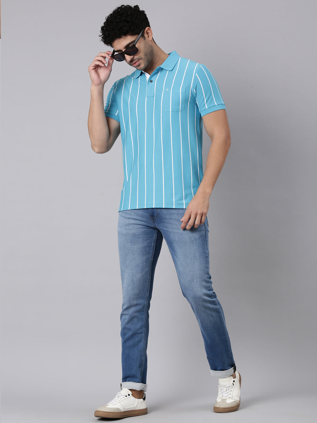 Classic Polo Men's Half Sleeve Turquoise Blue/White Polo Neck Slim Fit Striped Cotton Blend T-Shirt | VERTICS - 123 A SF P