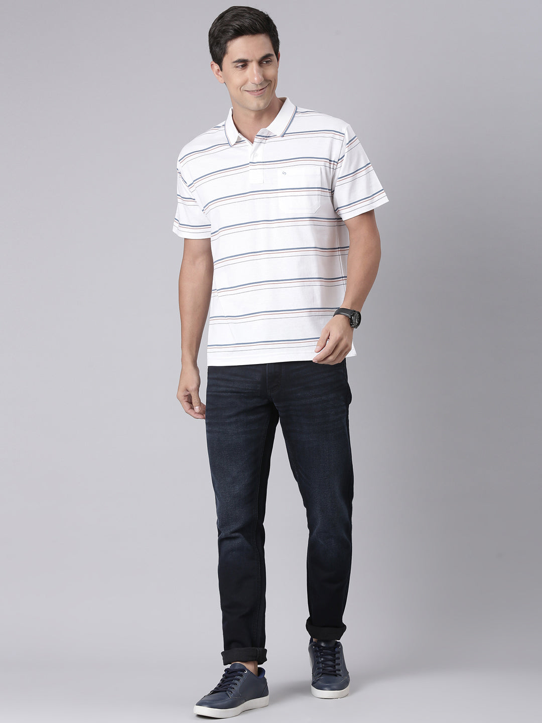 Classic Polo Men's Half Sleeve White Polo Neck Authentic Fit Striped Cotton T-Shirt | AP - 141 A AF P