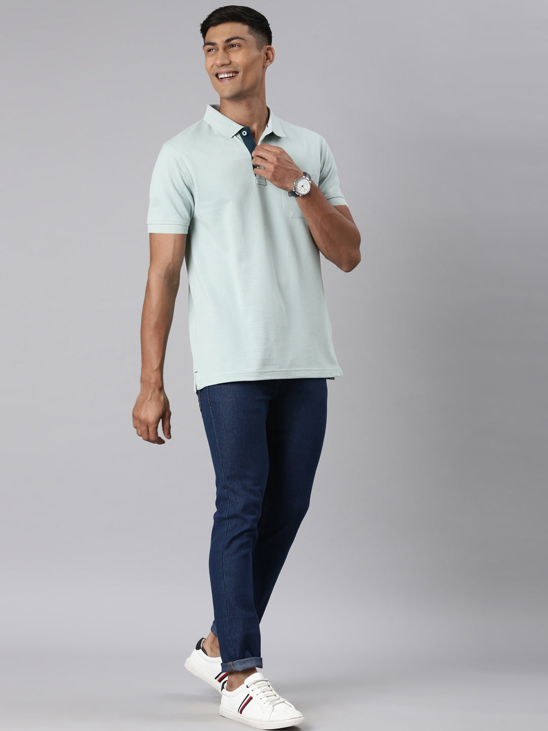 Classic Polo Men's Half Sleeve Lt.Teal Blue Polo Neck Slim Fit Solid T-Shirt | TOY-VIROK-BLUE HAZE SF P