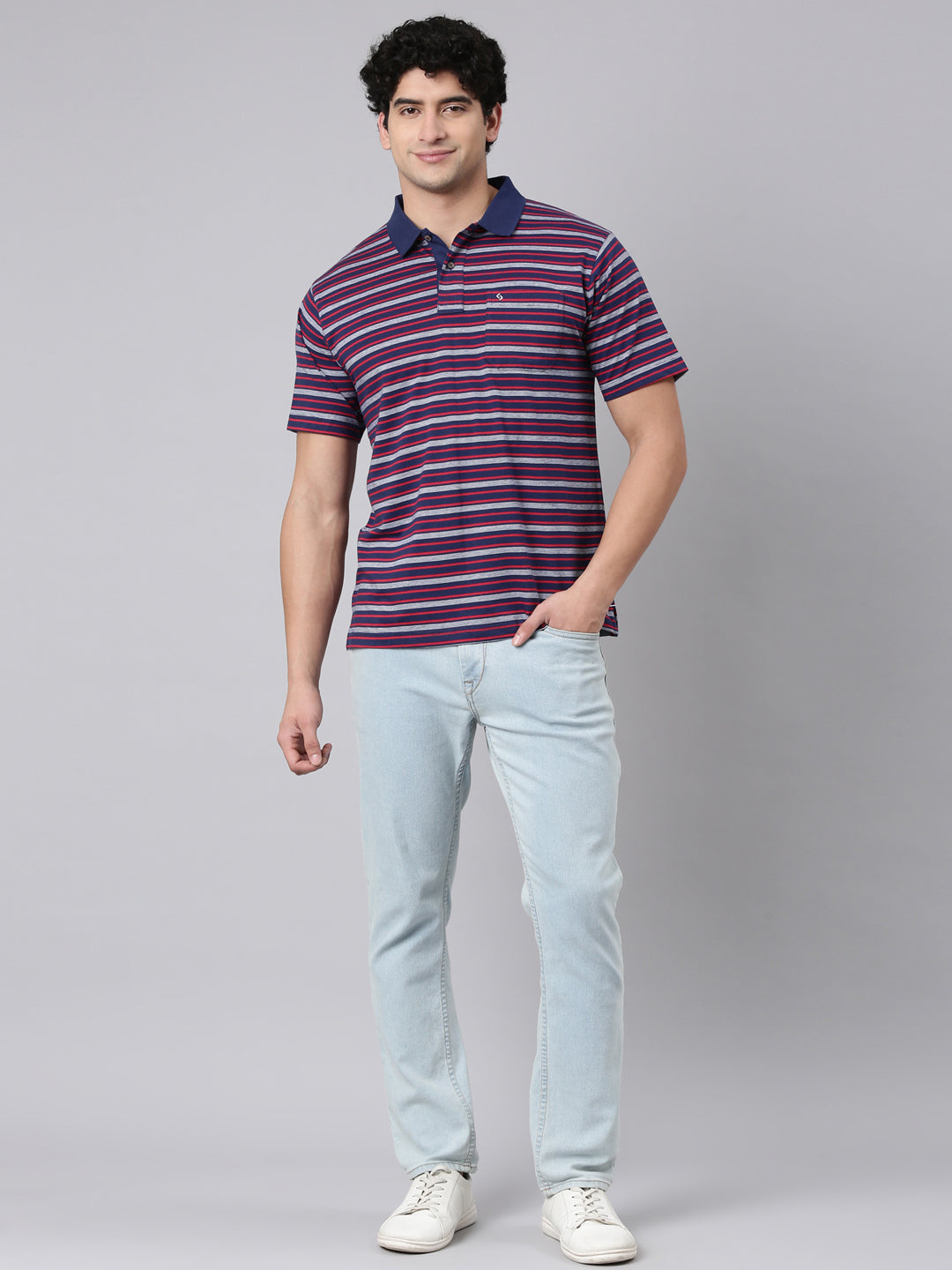 Classic Polo Men's Half Sleeve Navy/Red Polo Neck Authentic Fit Striped Cotton Blend T-Shirt | FEEDERS - 314 A AF P
