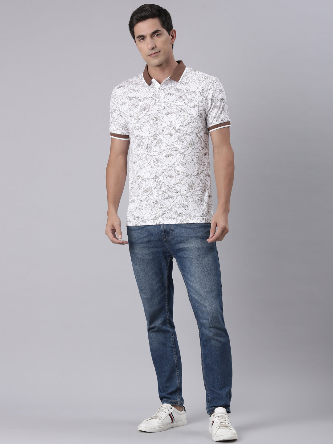 Classic Polo Men's Half Sleeve White/Brown Polo Neck Slim Fit All Over Print Cotton T-Shirt | LTS-AOP - 99 A SF P