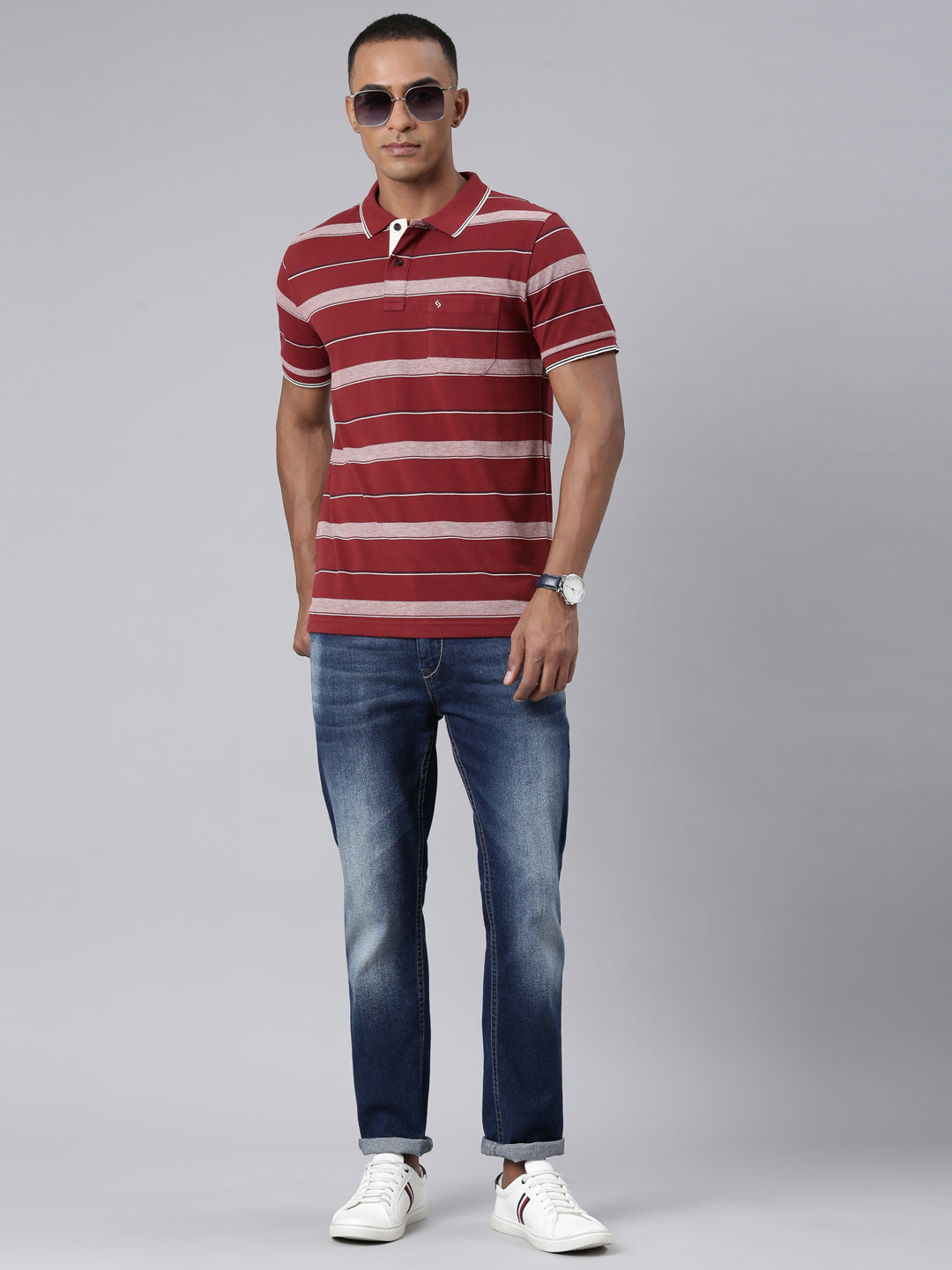 Classic Polo Mens Striped Maroon Polo Neck Slim Fit T-Shirt | ADORE - 218 B SF P