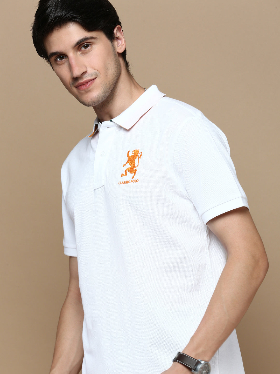 Classic Polo Men's Half Sleeve White Polo Neck Slim Fit Solid T-Shirt | GENX-POLO 23 B SF P