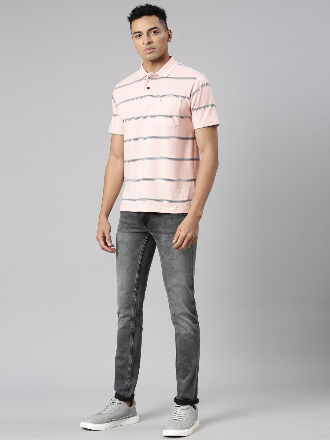 Classic Polo Men's Polo Neck Cotton Lt.Peach Authentic Fit Striped T-Shirt | AVON-557 A AF P