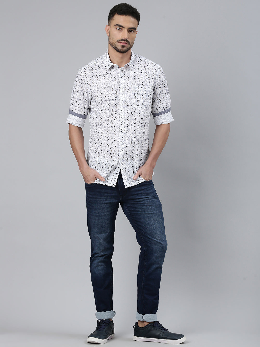 Classic Polo Men's Full Sleeve Multicolor Polo Neck Slim Fit All-Over Print Cotton Shirt | SQ2-CL-51 B-FS-PRT-SF