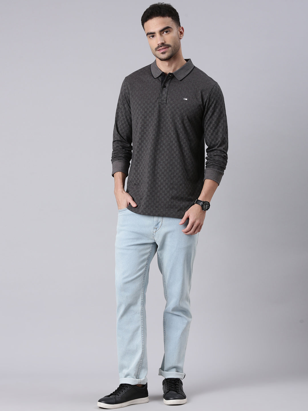 Classic Polo Men's Full Sleeve Dark Grey/Black Polo Neck Slim Fit All-Over Print Cotton T-Shirt | LTS-FSH - 127 A SF P