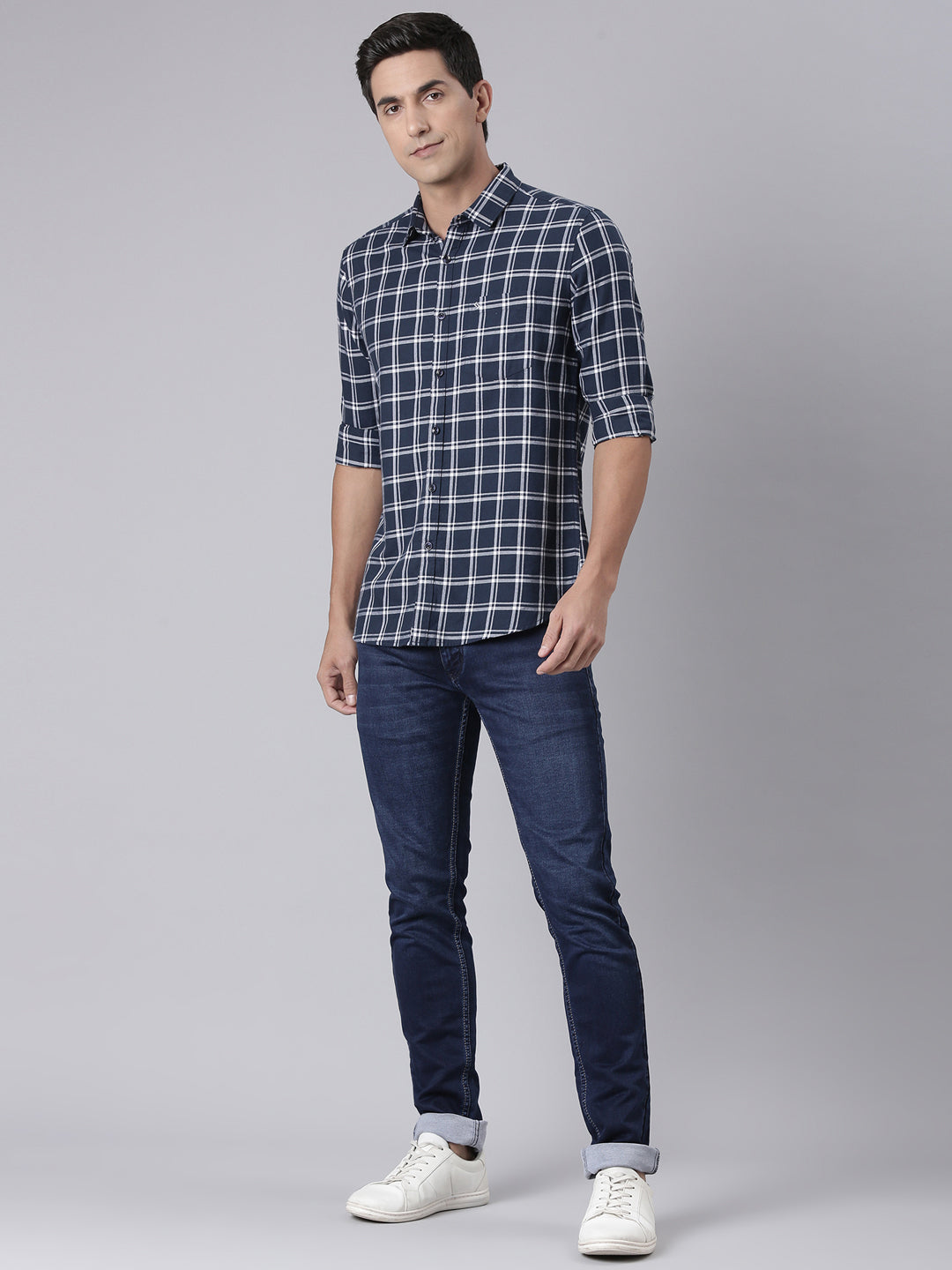 Classic Polo Men's Full Sleeve Navy Blue/White Polo Neck Slim Fit Checked Cotton Casual Shirt | SQ2-CL-39 B-FS-CHK-SF