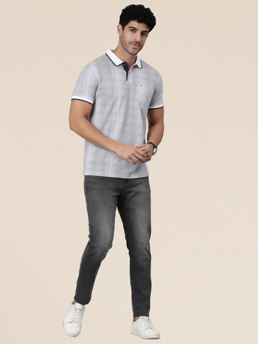 Classic Polo Men's Half Sleeve White/Black Polo Neck Slim Fit All-Over Print Cotton T-Shirt | BEAU - 302 B SF P