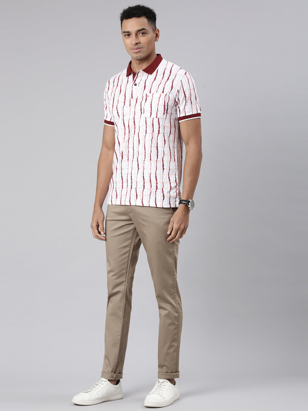 Classic Polo Men's Half Sleeve Maroon/White Polo Neck Cotton Blend Slim Fit T-Shirt | BELLO - 303 B SF P