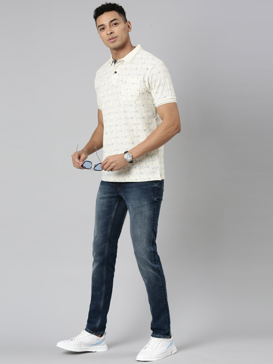 Classic Polo Men's Polo Neck Cotton Cream Slim Fit Printed T-Shirt | BEAU-247 A SF P