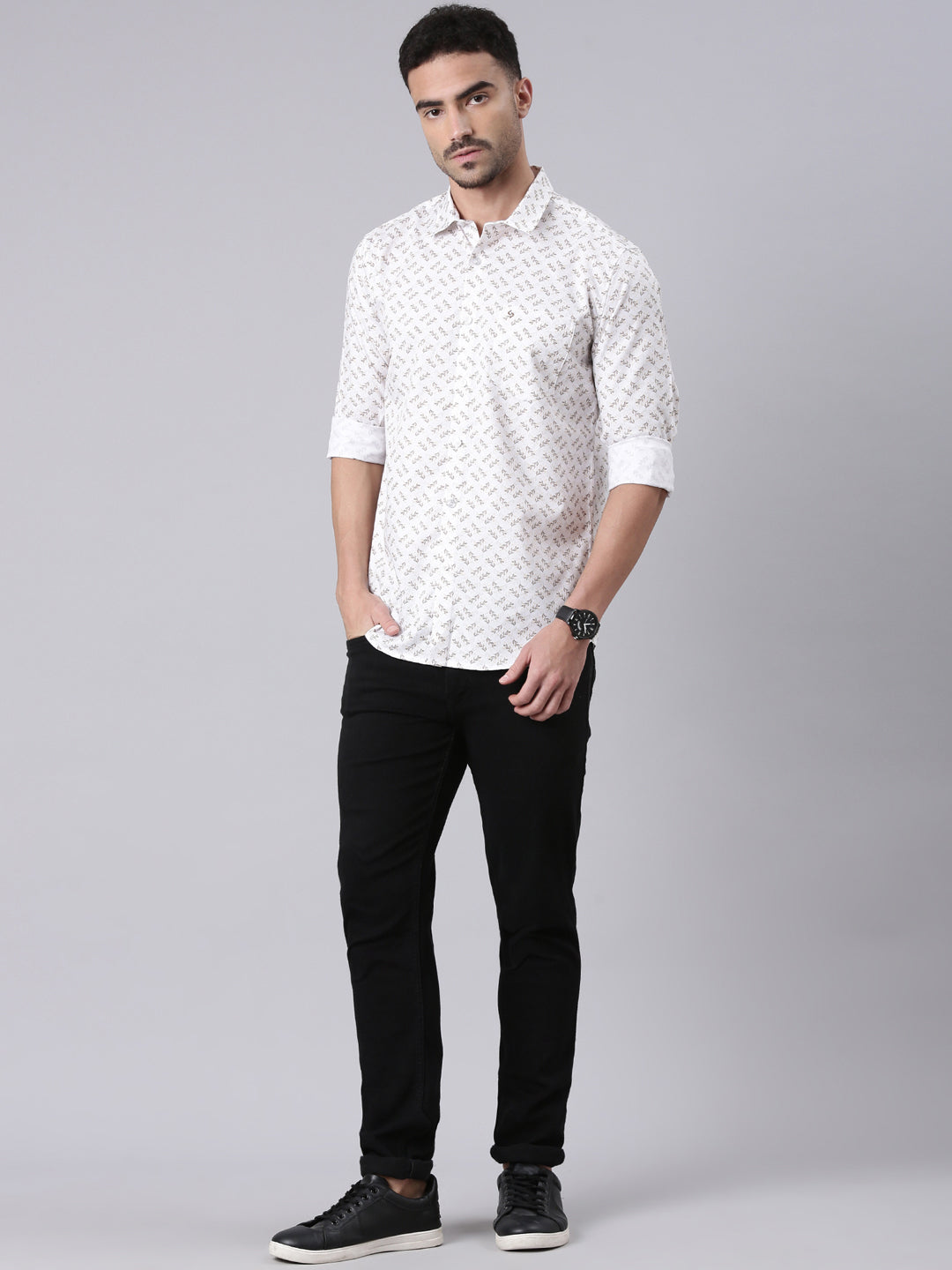 Classic Polo Men's Full Sleeve White Polo Neck Slim Fit All-Over Print Cotton Shirt | LSHQ2-92 A-FS-PRT-SF