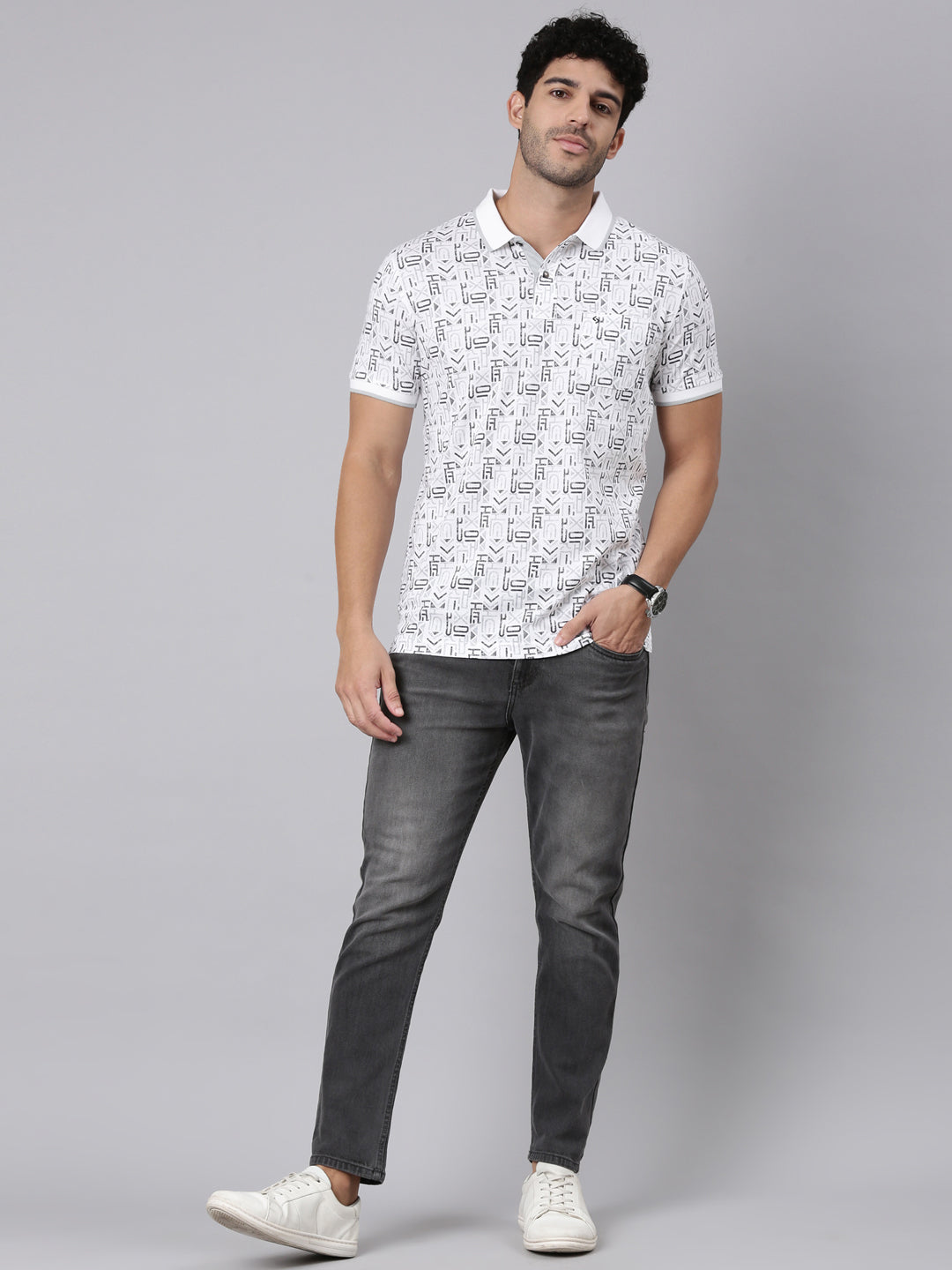Classic Polo Men's Half Sleeve White Polo Neck Slim Fit All-Over Print Cotton T-Shirt | BELLO - 418 A SF P