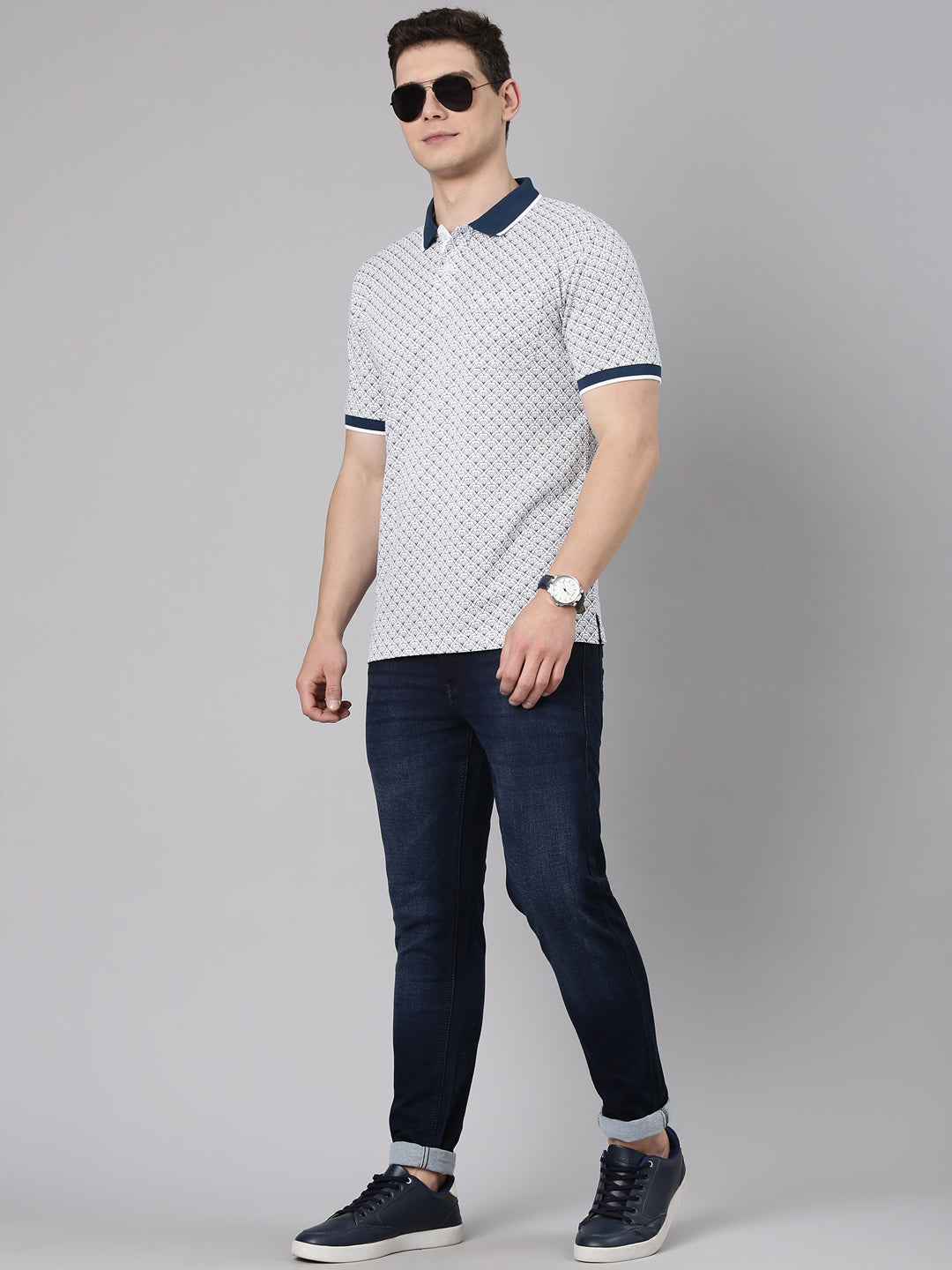 Classic Polo Men's Half Sleeve White/Navy Polo Neck Slim Fit All Over Print Cotton T-Shirt | BEAU - 291 A SF P