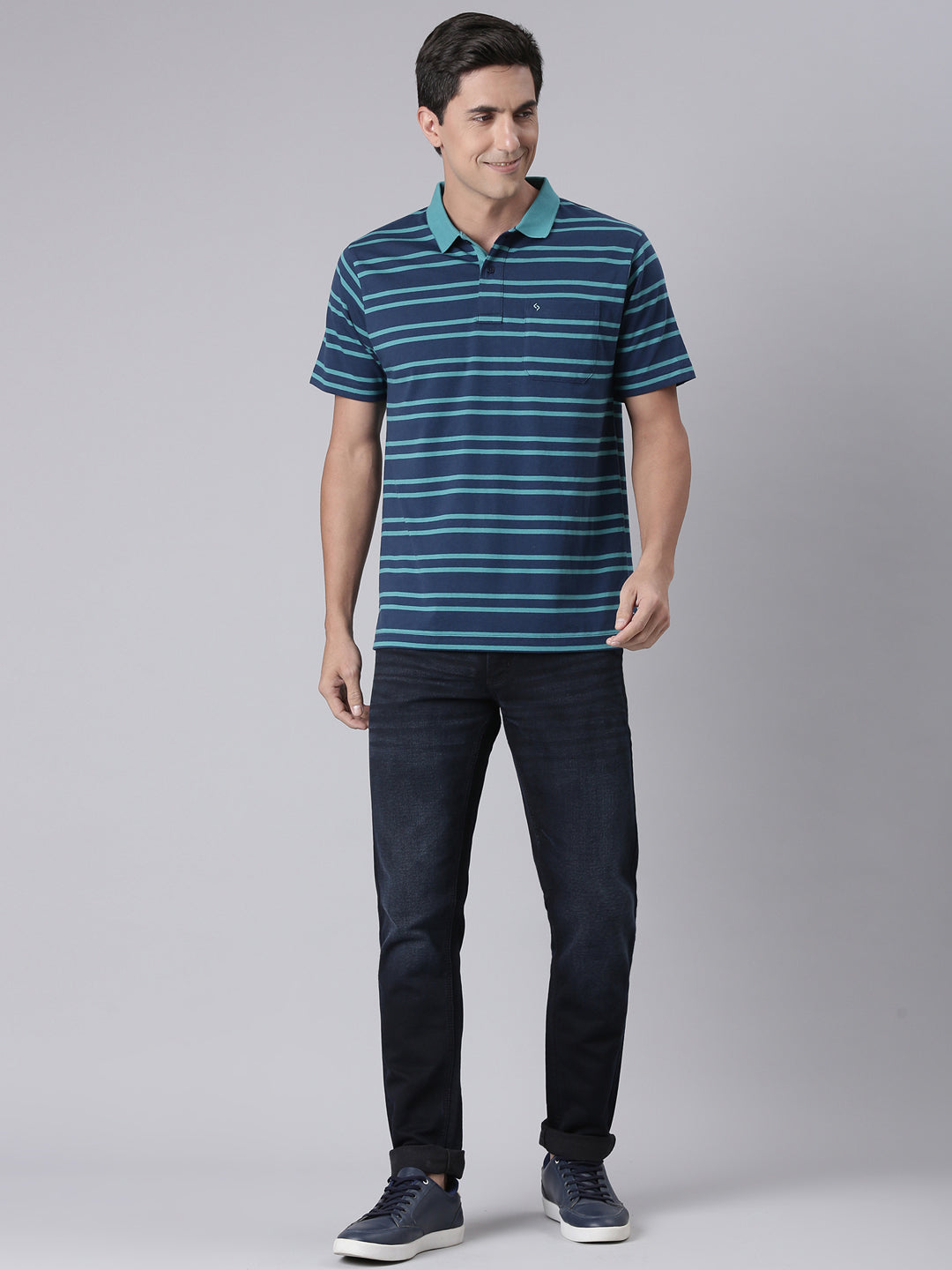 Classic Polo Men's Half Sleeve Navy Blue/Green Polo Neck Authentic Fit Striped Cotton Blend T-Shirt | AVON - 625 B AF P