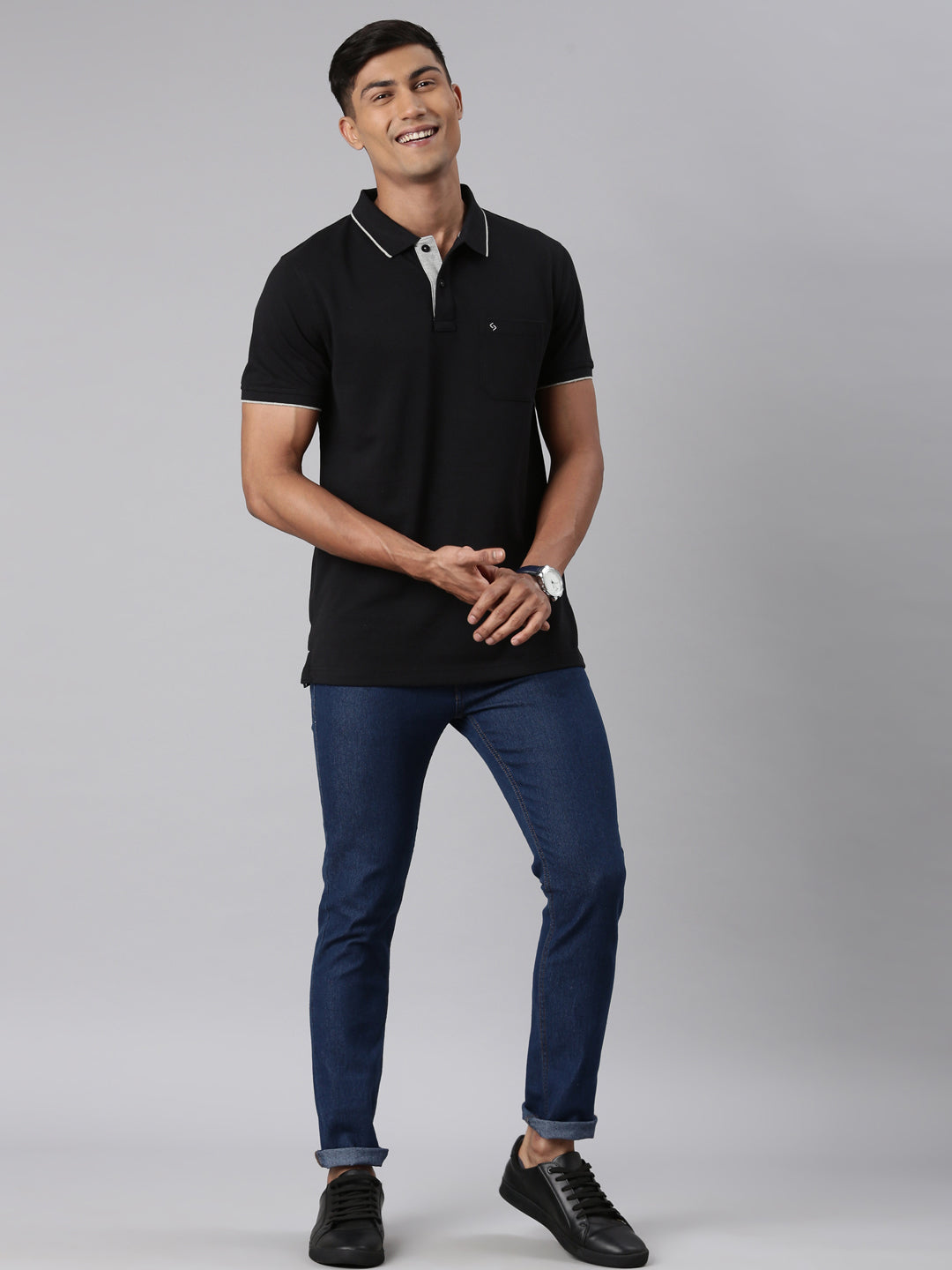 Classic Polo Men's Half Sleeve Black Polo Neck Slim Fit Solid T-Shirt | ECM-NOVA - BLACK SF P