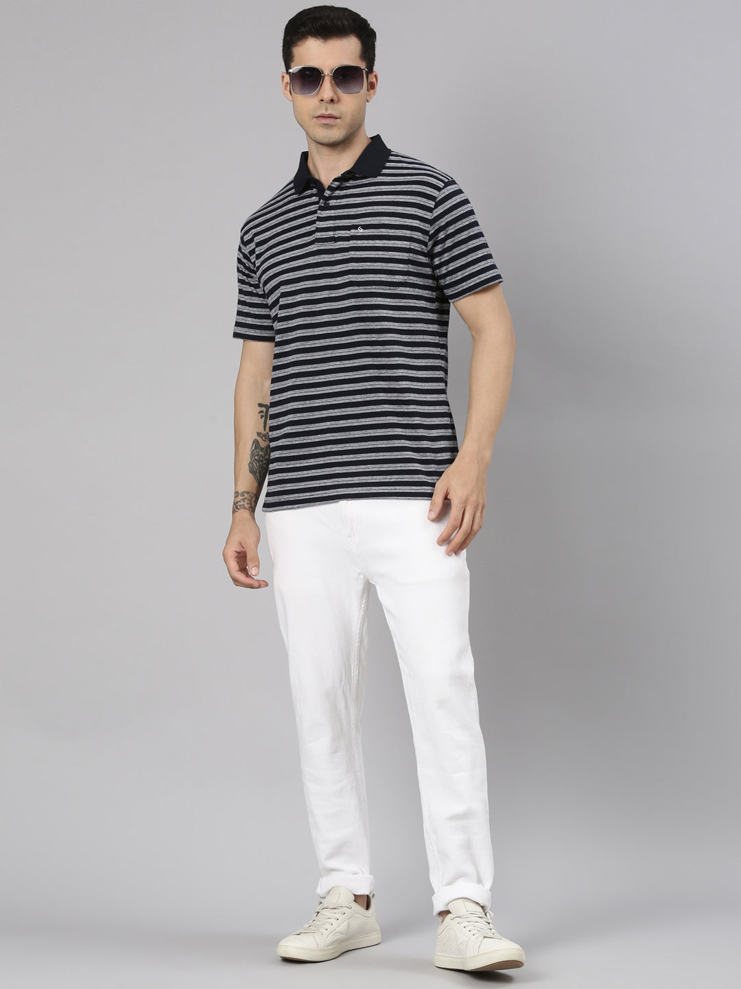 Classic Polo Men's Half Sleeve Black/White Polo Neck Authentic Fit Striped Cotton T-Shirt | LTS-STR - 82 A AF P