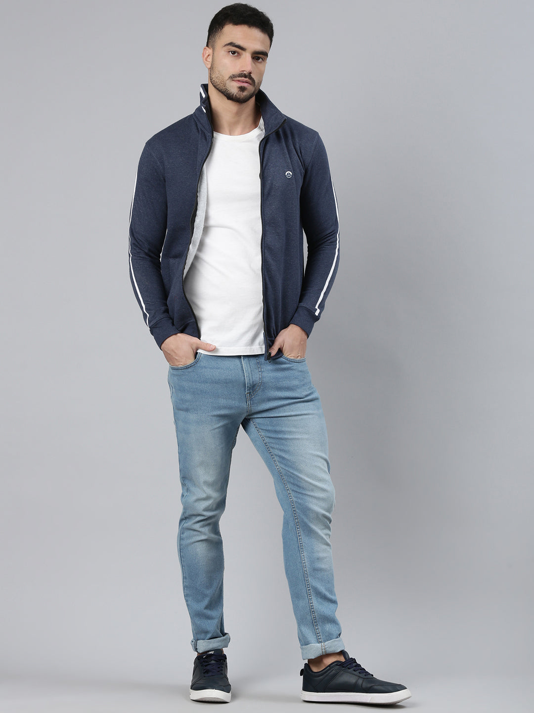 Classic Polo Men's Navy Melange High Neck Front Open Zipper Solid Side Pocket Sweatshirt | LSWT - 02 B