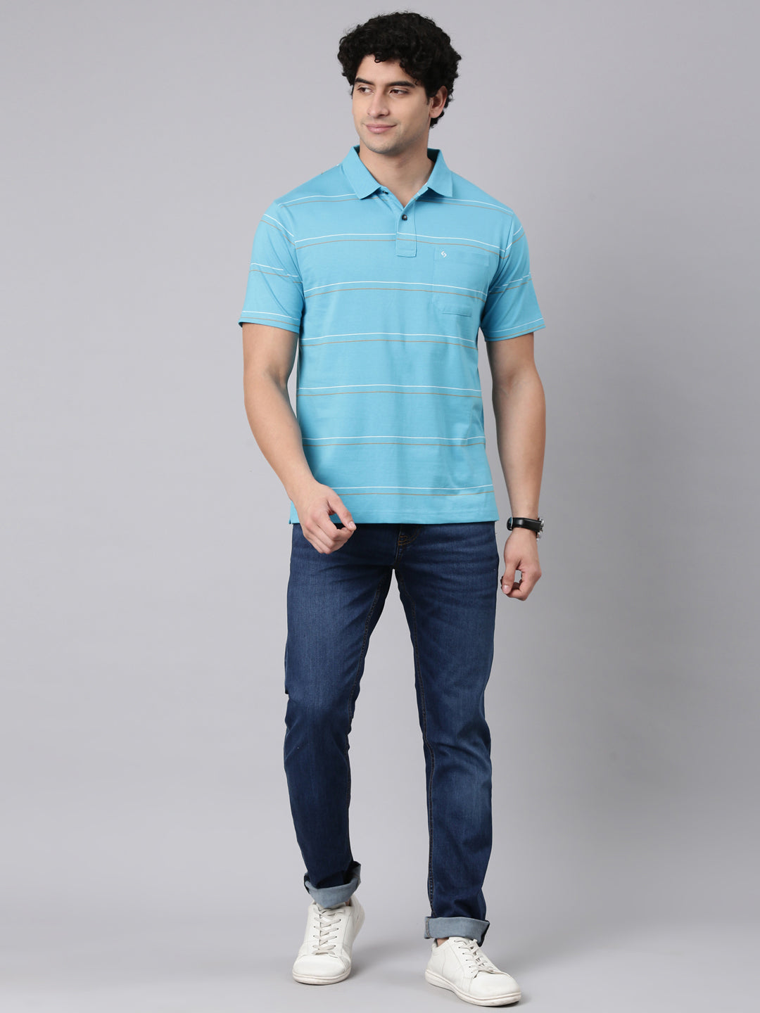 Classic Polo Men's Half Sleeve Blue Polo Neck Authentic Fit Striped Cotton Blend T-Shirt | AVON - 653 B AF P