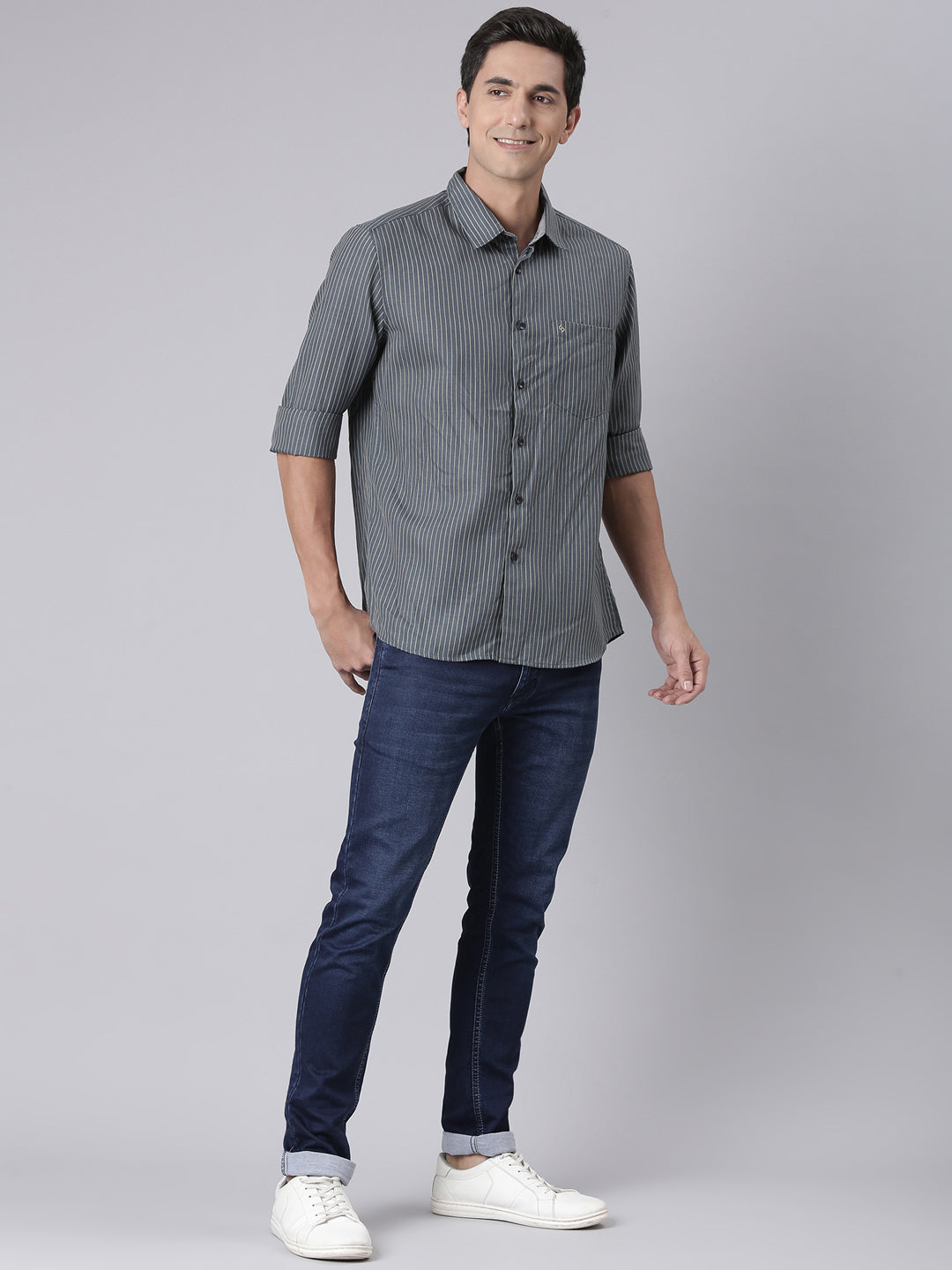 Classic Polo Men's Dark Grey Polo Neck Striped Cotton Slim Fit Woven Shirt | LSHQ2-137 A-FS-STR-SF