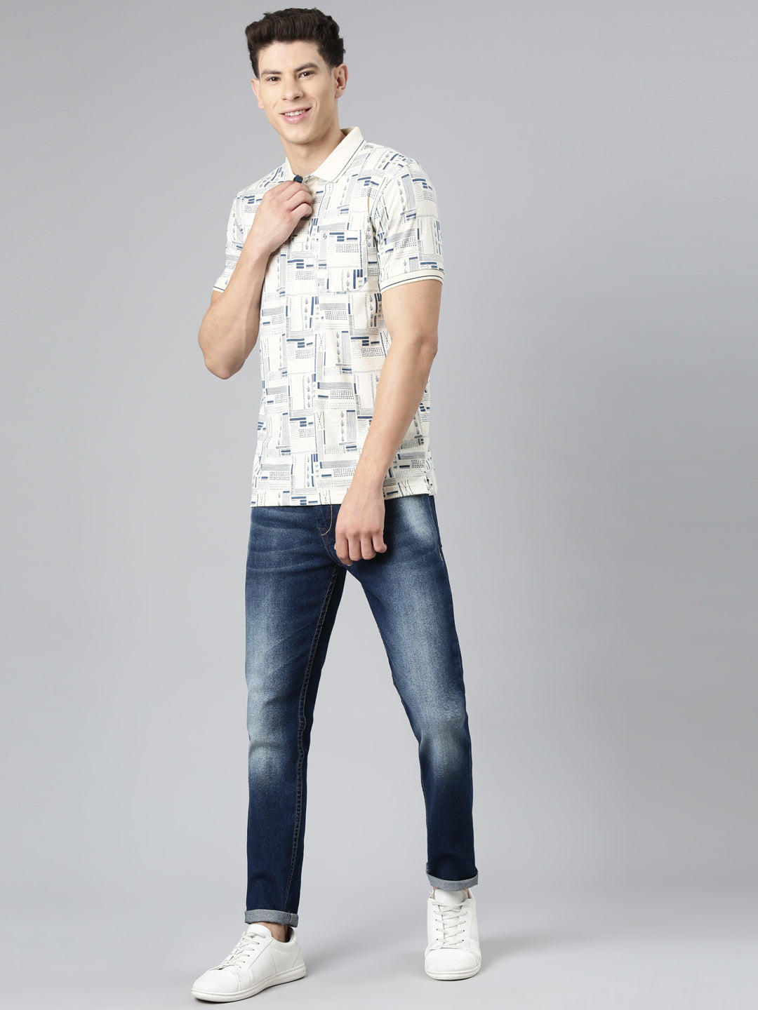 Classic Polo Mens Aop Cream Polo Neck Slim Fit T-Shirt | BELLO - 273 B SF P