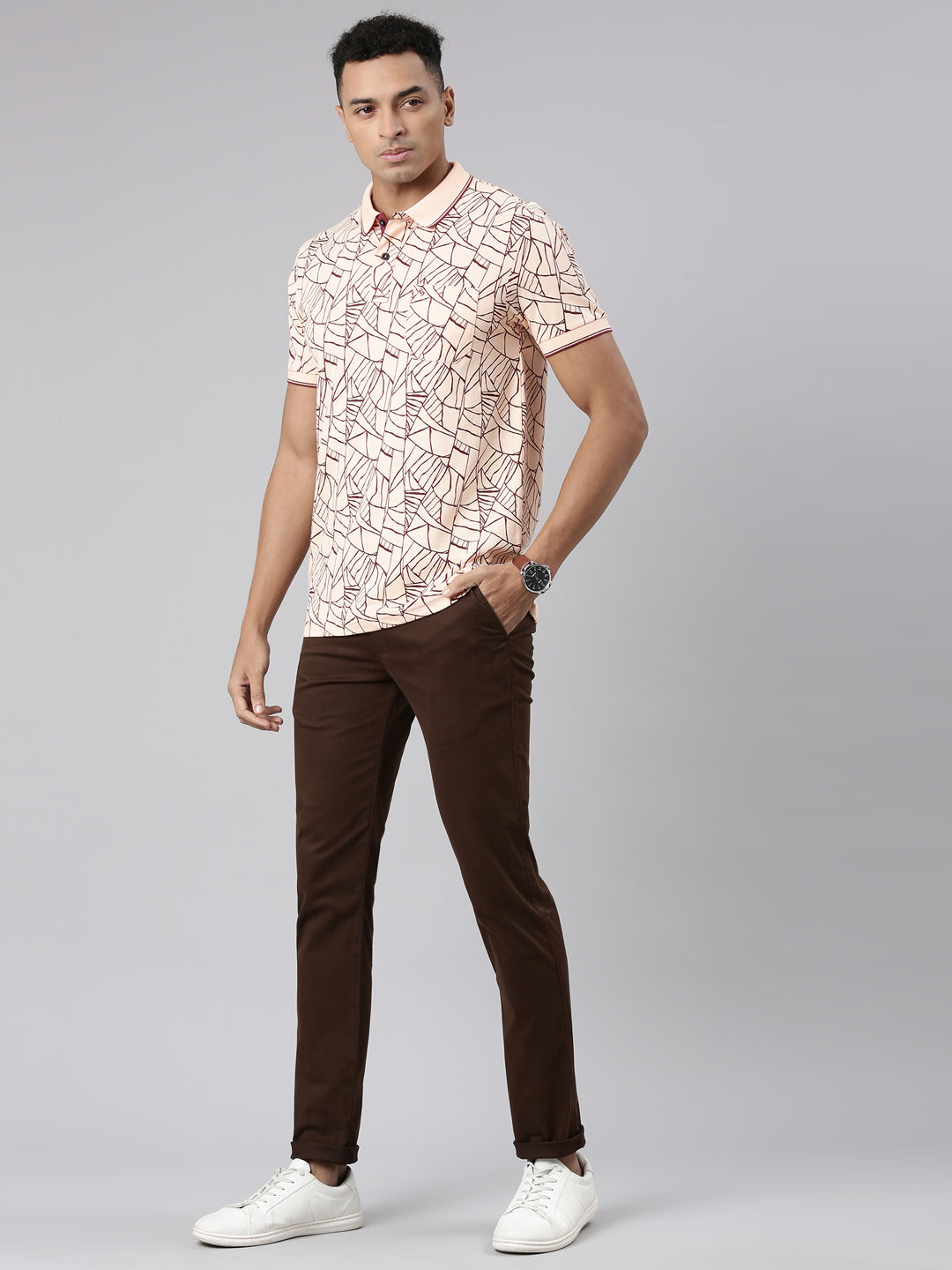 Classic Polo Men's Half Sleeve Lt.Orange/Brown Polo Neck Cotton Blend Slim Fit T-Shirt | BEAU - 264 B SF P