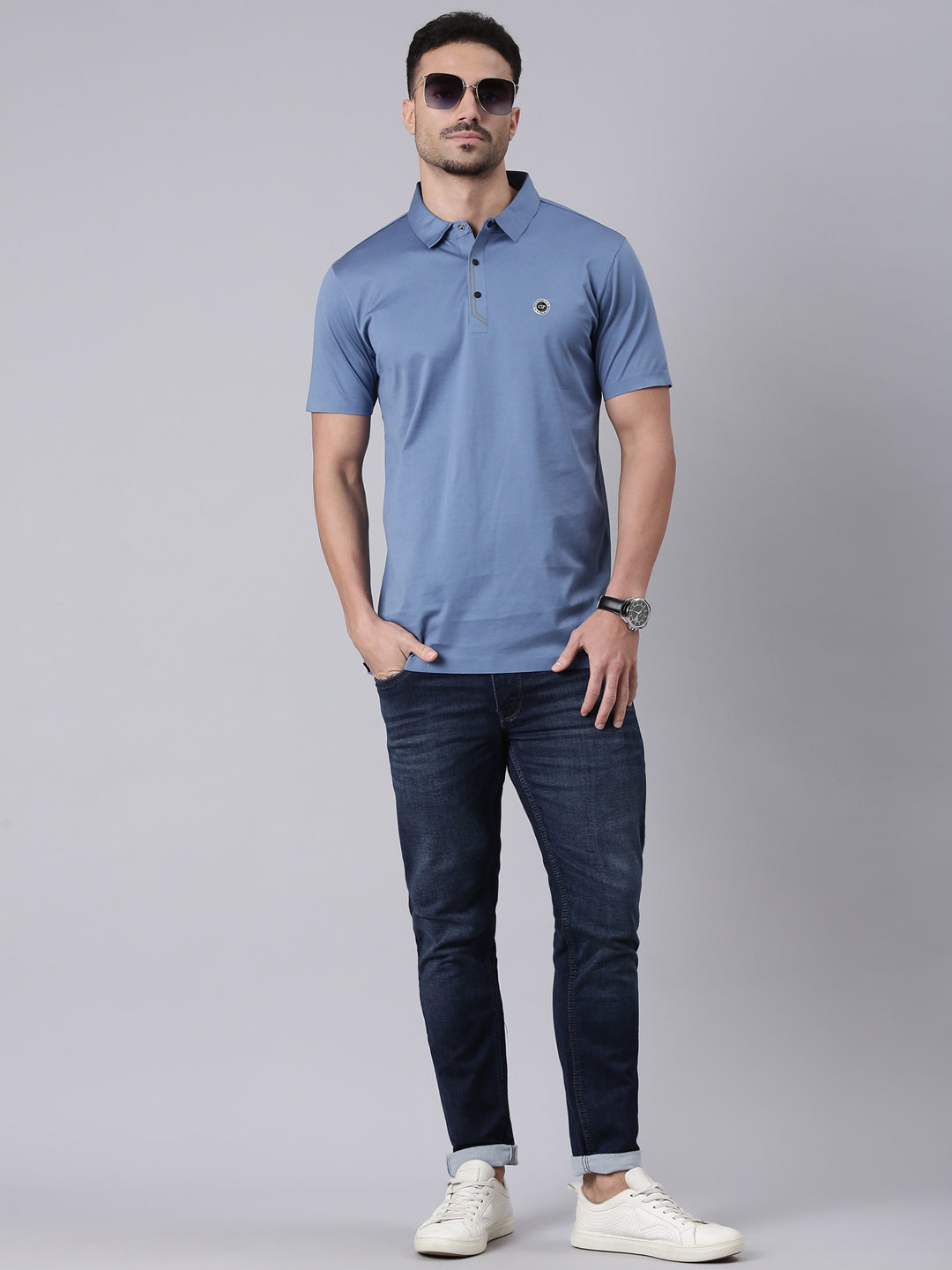 Classic Polo Men's Half Sleeve Blue Polo Neck Slim Fit Solid Premium Cotton T-Shirt | UNICO - 139 B SF P