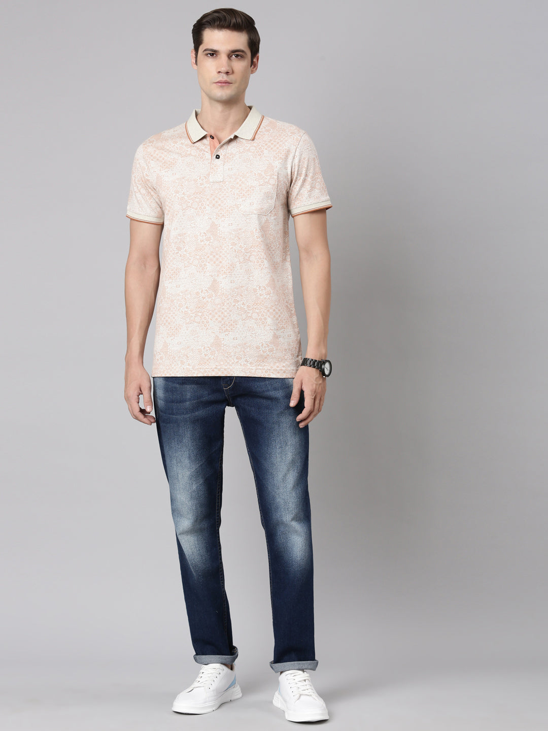 Classic Polo Men's Polo Neck Cotton Grey/Brown Slim Fit Printed T-Shirt | BELLO-288 B SF P